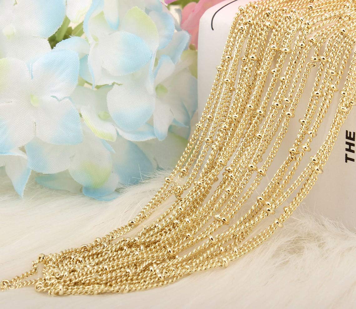 Wholesale 12PCS Gold Plated Solid Brass Satellite Beaded Curb Thin Chain Necklace Bulk for Jewelry Making (18 Inch(1.5mm))