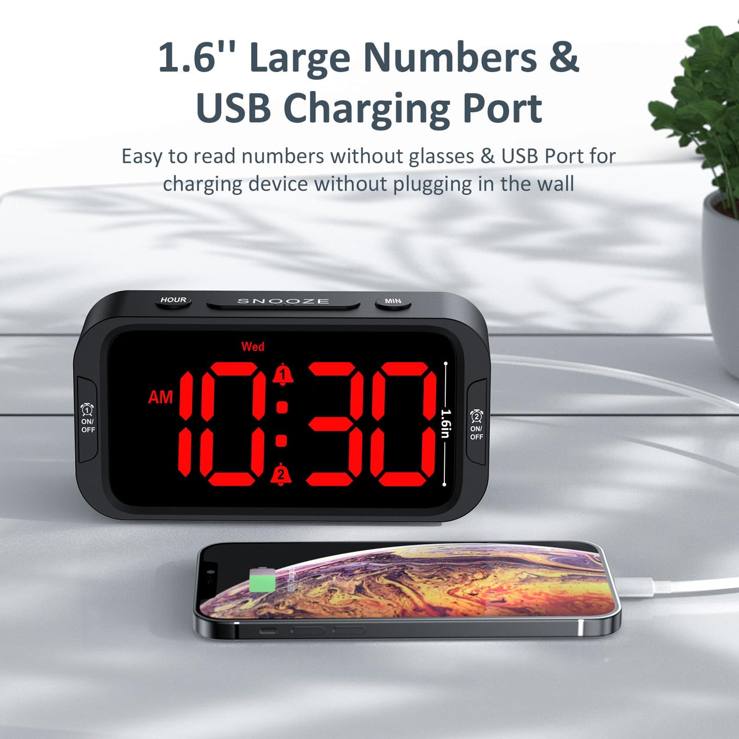 Odokee Digital Dual Alarm Clock for Bedroom, Easy to Set, 0-100% Dimmer, USB Charger, 5 Sounds Adjustable Volume, Weekday/Weekend Mode, Snooze, 12/24Hr, Battery Backup, Compact Clock for Bedside(Red)