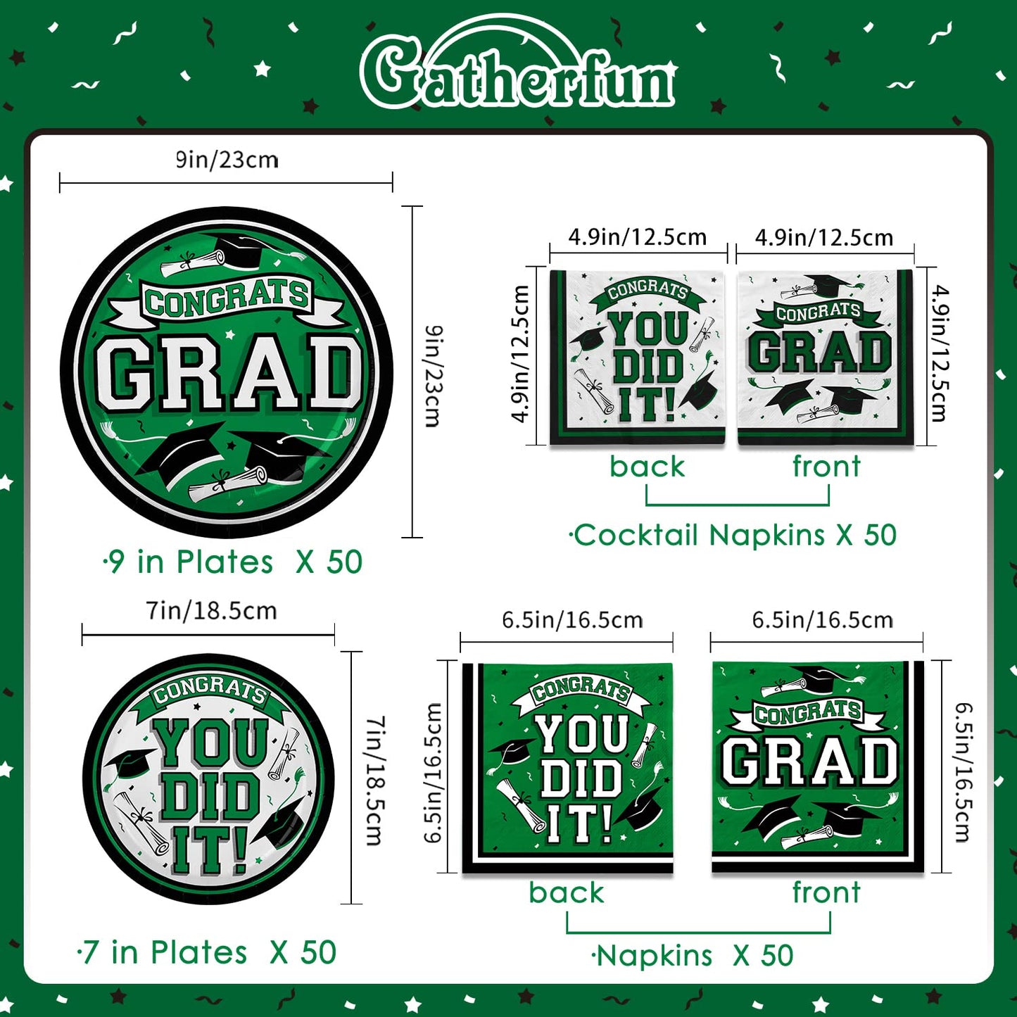 Gatherfun Graduation Party Supplies Dinnerware Set green Disposable dinner paper plates dessert paper plates and Napkins for Congrats Grad Party Decorations, Serve 50