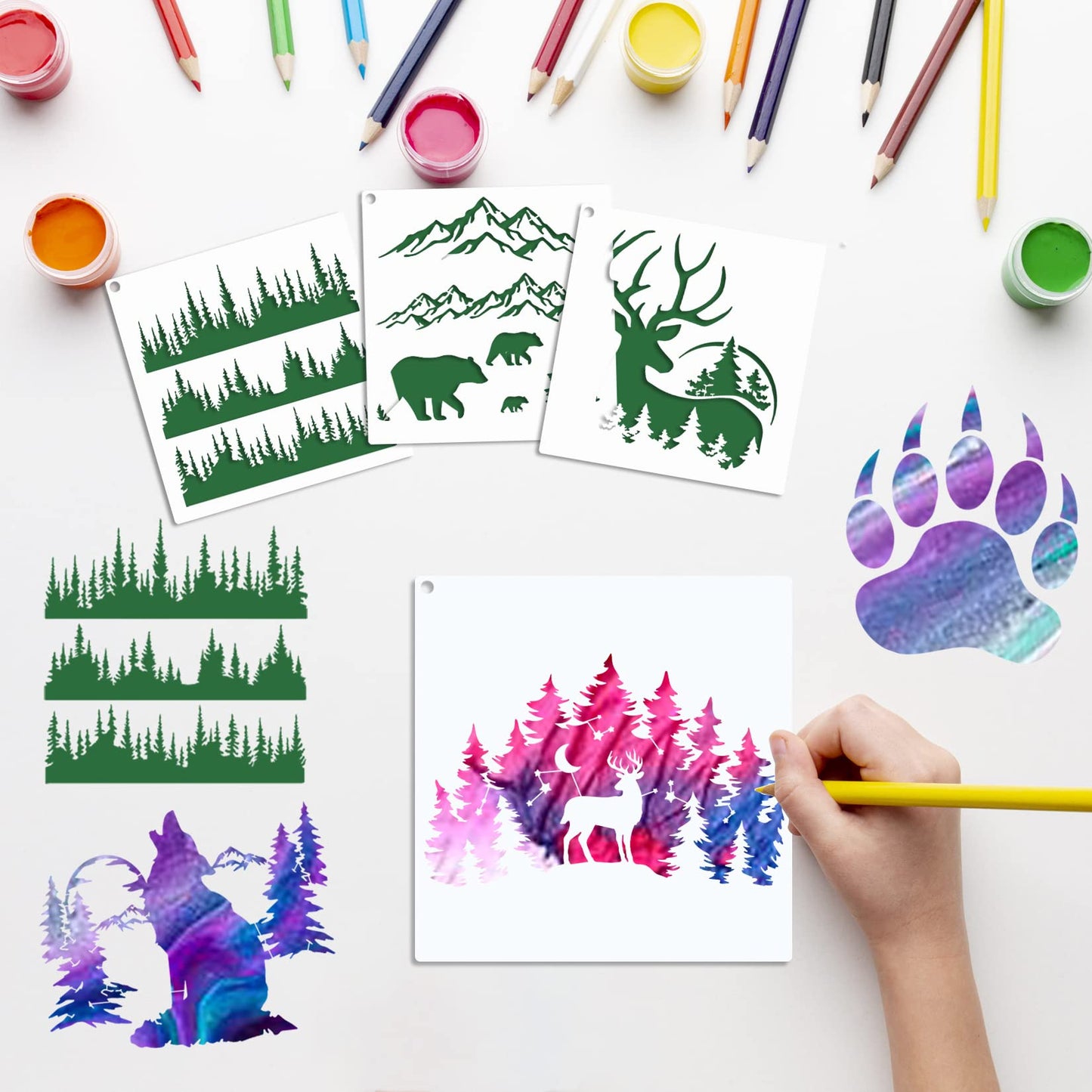 10 PCS Bear Deer Wolf Mountain Stencil Pine Tree Wildlife Forest Animal Stencils Template Wood Burning Stencils Reusable Patterns Moon Claw Stencils for Painting on Wood Crafts Wall (forest animal 1)