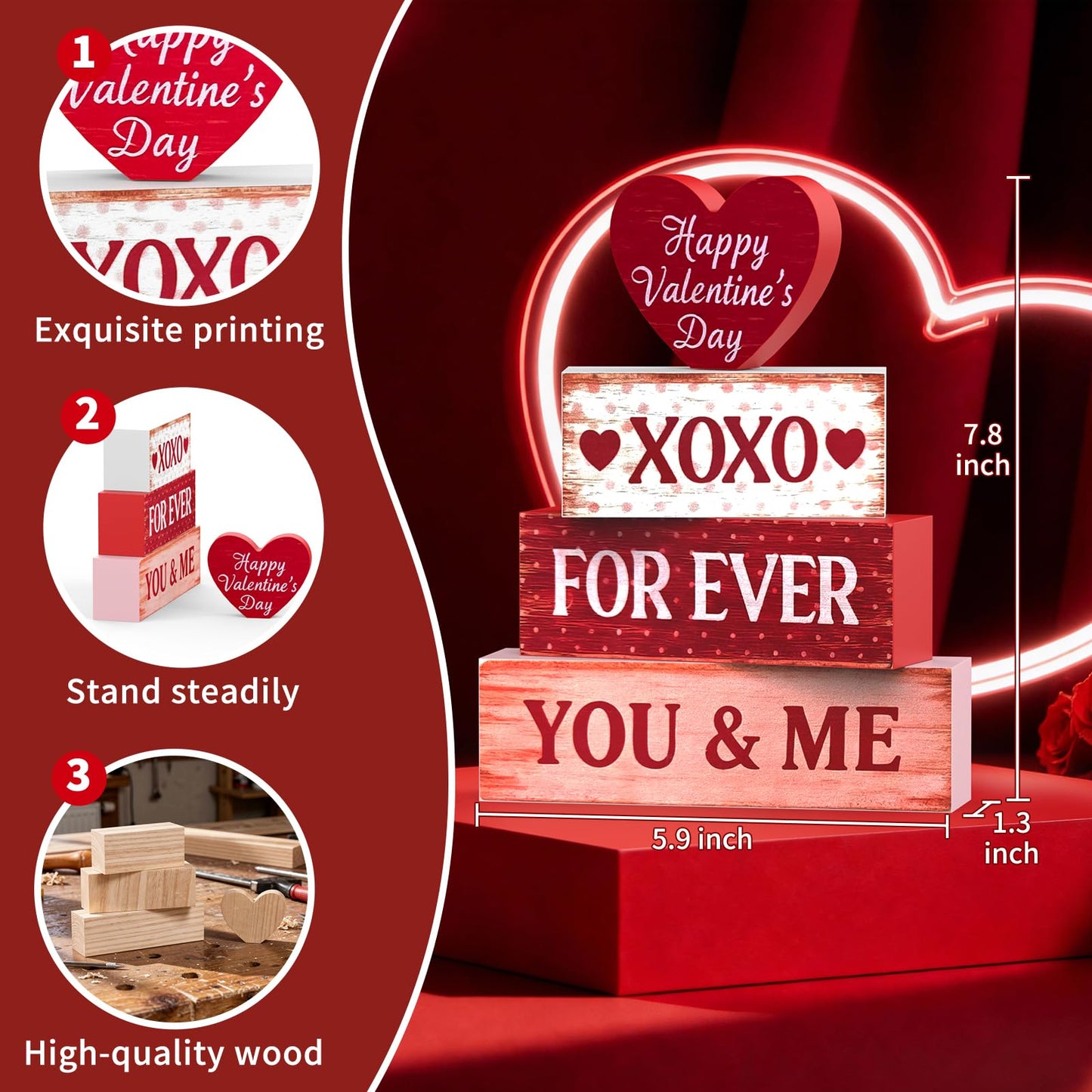 Valentines Day Decorations - 4 Pack Wooden Block Heart Set Signs Valentines Day Table Decor - 7.8 Inch Valentine's Decorations for Home Office Bedroom Tiered Tray Fireplace Mantel