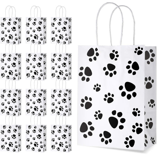 Blulu 20 Pcs Puppy Dog Paw Print Gift Bags with Paper Twist Handles, Dog Gift Bags Paper Paw Print Treat Goodie Bags for PET Treat Party Favor, 6.3 x 3.1 x 8.6 Inch (White Backing)