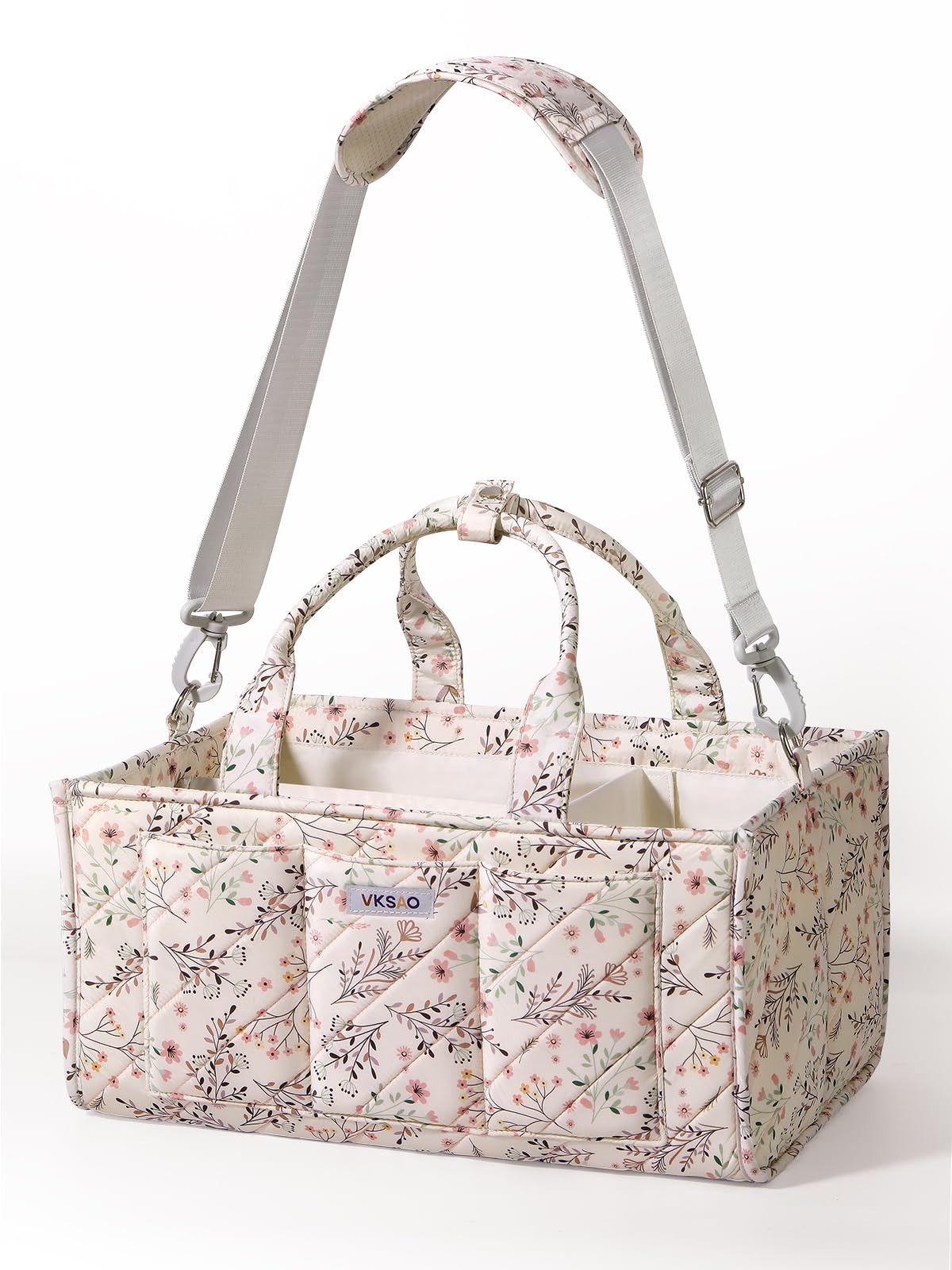 VKSAO Baby Essentials Cute Floral Diaper Caddy Organizer – Portable Storage Basket with Shoulder Strap & Stroller Hooks, Splashproof Quilted Nursery & Car Tote for Baby Shower, Beige Floral