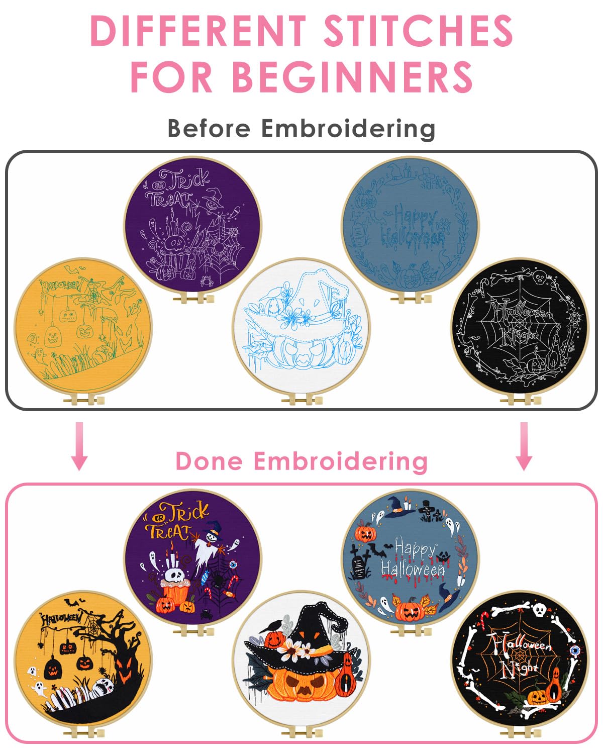 Halloween Embroidery Kit for Adult, 5 Pack Embroidery DIY Starter Kit, with Stamped Patterns, Hoop, Tools, Colorful Threads with Needles, Instructions