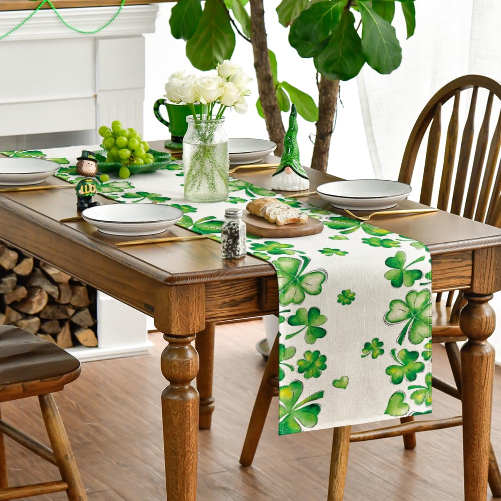Artoid Mode Green Shamrock Bushes St. Patrick's Day Table Runner, Seasonal Spring Holiday Kitchen Dining Table Decoration for Indoor Outdoor Home Party Decor 13 x 72 Inch