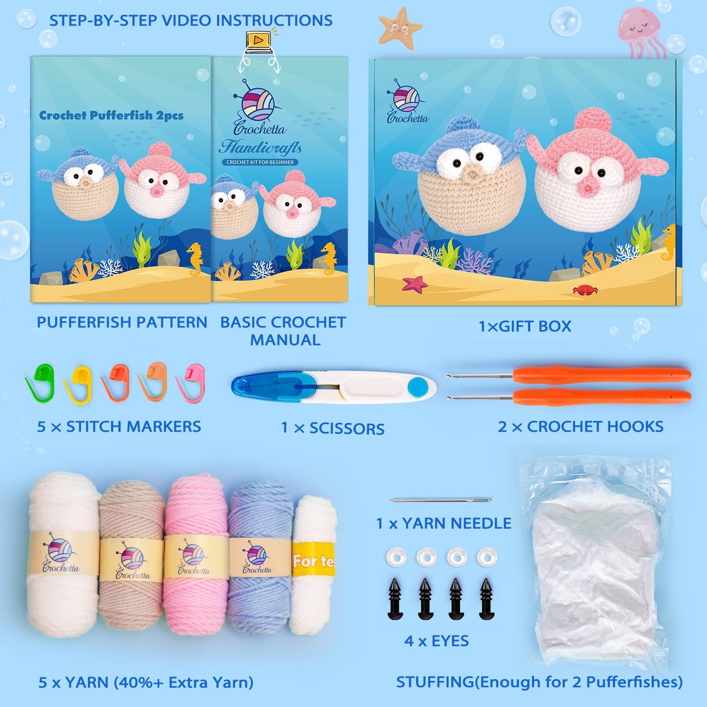 Crochetta Crochet Kit for Beginners, Beginner Crochet Starter Kit with Step-by-Step Video Tutorials, Learn to Crochet Kits for Adults and Kids, DIY Knitting Supplies, 2 Pack Pufferfish (40%+ Yarn)