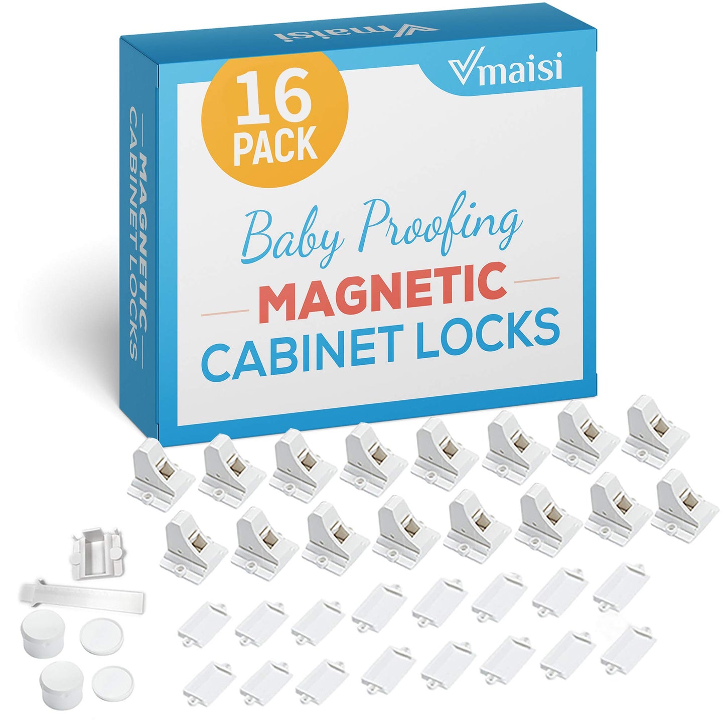 Vmaisi Adhesive Magnetic Locks for Cabinets & Drawers (16 Locks and 2 Keys)