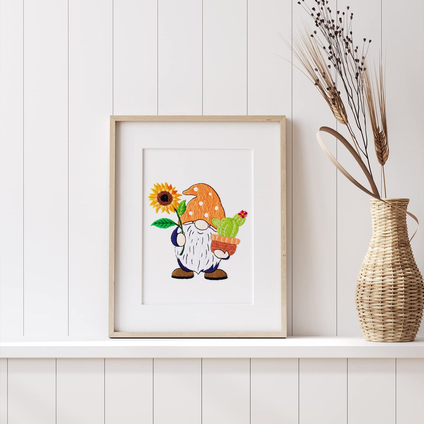 Sunflower Embroidery Kit for Beginners, Full Set of Stamped Gnome Cross Stitch Kit for Adults Including Threads, Hoops and Instruction