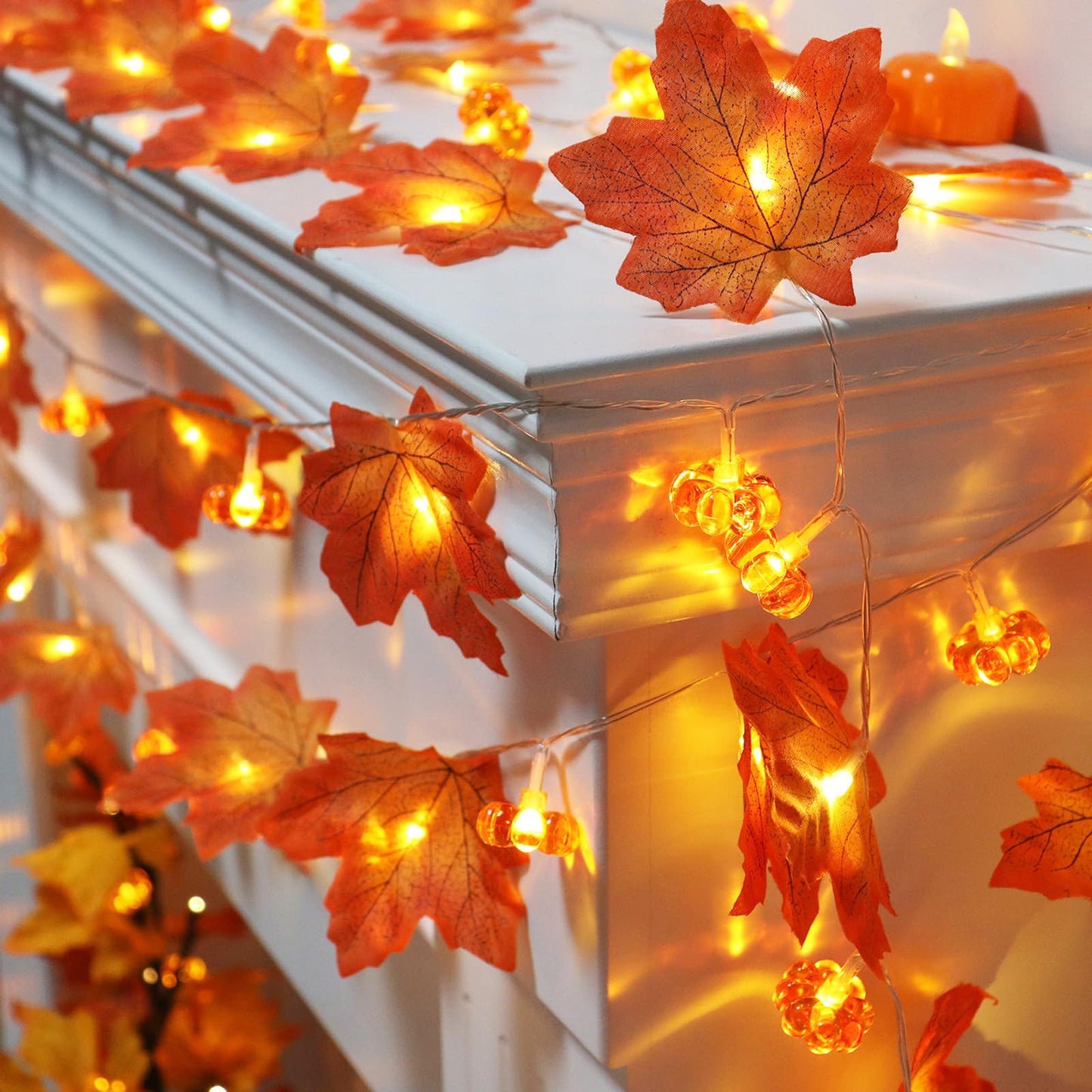 2 Pack Thanksgiving Decorations Maple Leaf Pumpkin Lights, Total 20Ft 40 LED Battery Operated 3D Pumpkin Fall Leaves Garland String Light for Home Mantel Porch Indoor Outdoor Halloween Fall Decor