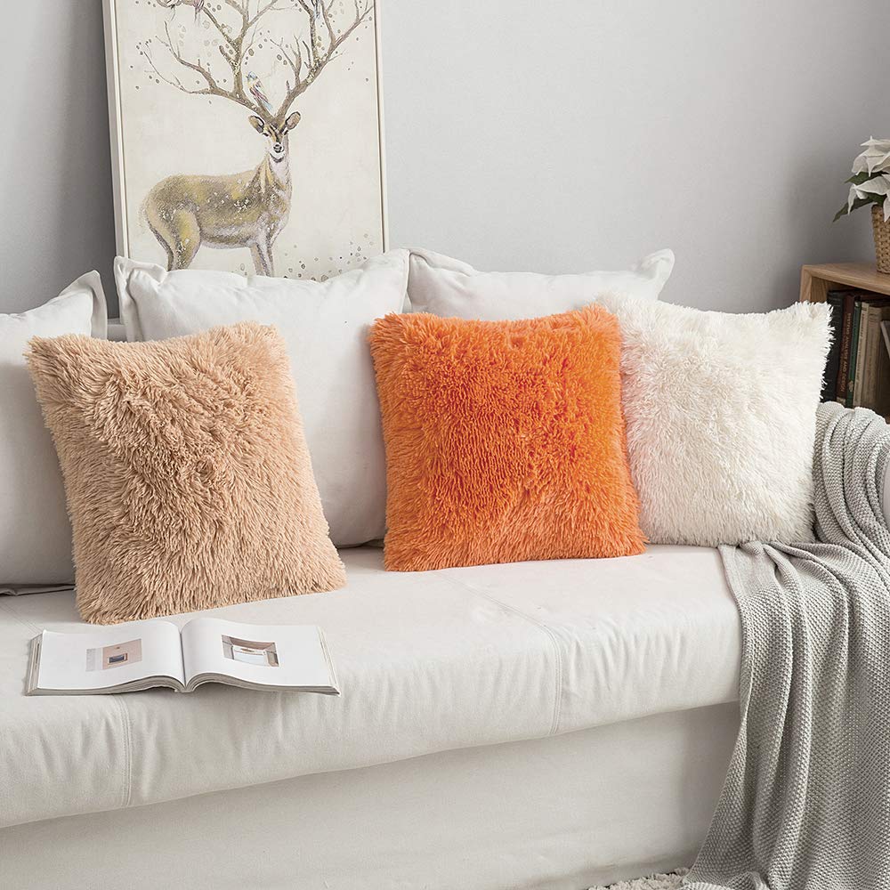 MIULEE Pack of 2 Luxury Faux Fur Throw Pillow Cover Deluxe Fall Decorative Plush Pillow Case Cushion Cover Shell for Sofa Bedroom Car 18x18 Inch Orange Halloween