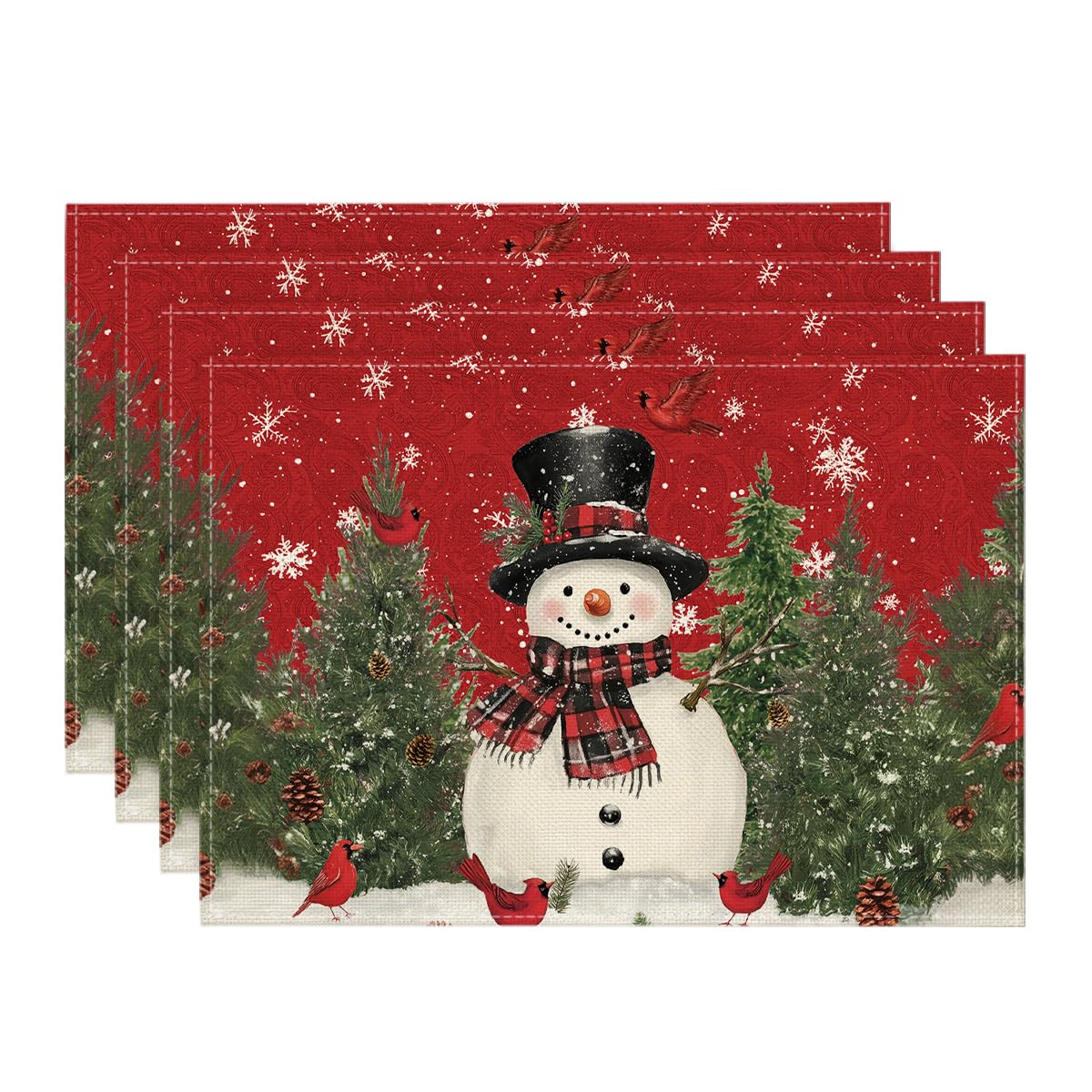 Snowman Cardinals Trees Christmas Placemats for Dining Table, 12 x 18 Inch Seasonal Winter Birds Xmas Holiday Rustic Vintage Thanksgiving Washable Table Mats Set of 4