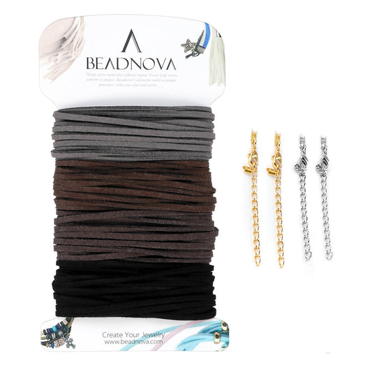 BEADNOVA Leather Cord for Jewelry Making Leather String Suede Cord Strips for Crafts Faux Lace Thread for Bracelets (4 Colors, 3.3 Yard, 3mm)