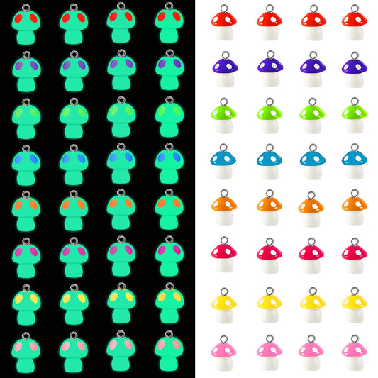 Charms, 64 Pcs Mushroom Resin Charm Beads Ornament Glow in The Dark Pendant for DIY Bracelet Necklace Jewelry Making