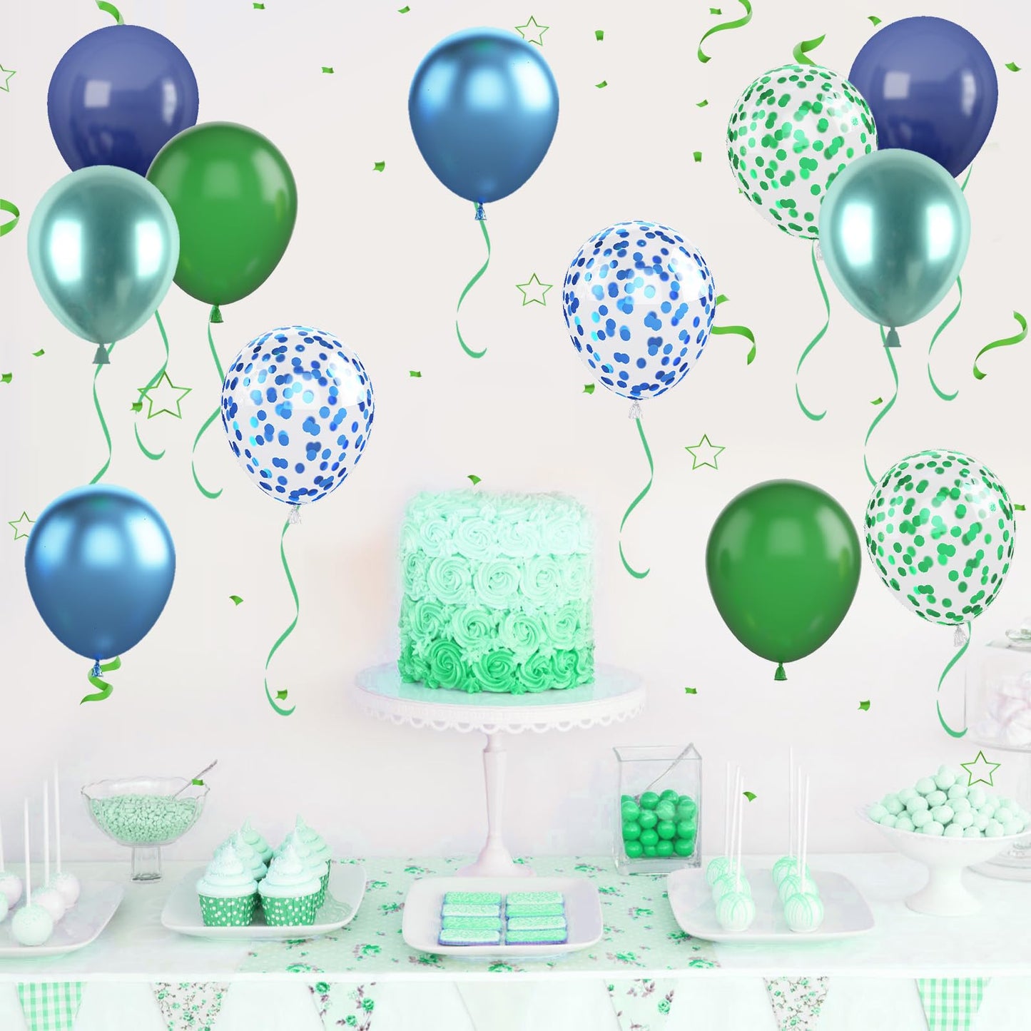 Blue and Green Balloon Set, 12 Inch Navy Blue Dark Green Balloon Metallic Chrome Green Blue Balloons, Confetti Green Blue Balloons for Jungle Safari Theme Boys Birthday Party Decorations