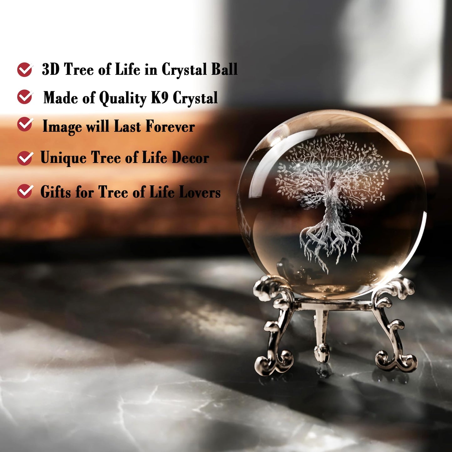 IFOLAINA 3D Tree of Life Crystal Ball with Stand Laser Engraved Glass Ball Tree of Life Decor Decorative Globes 3D Crystal Plant Sphere Gifts for Her Birthday