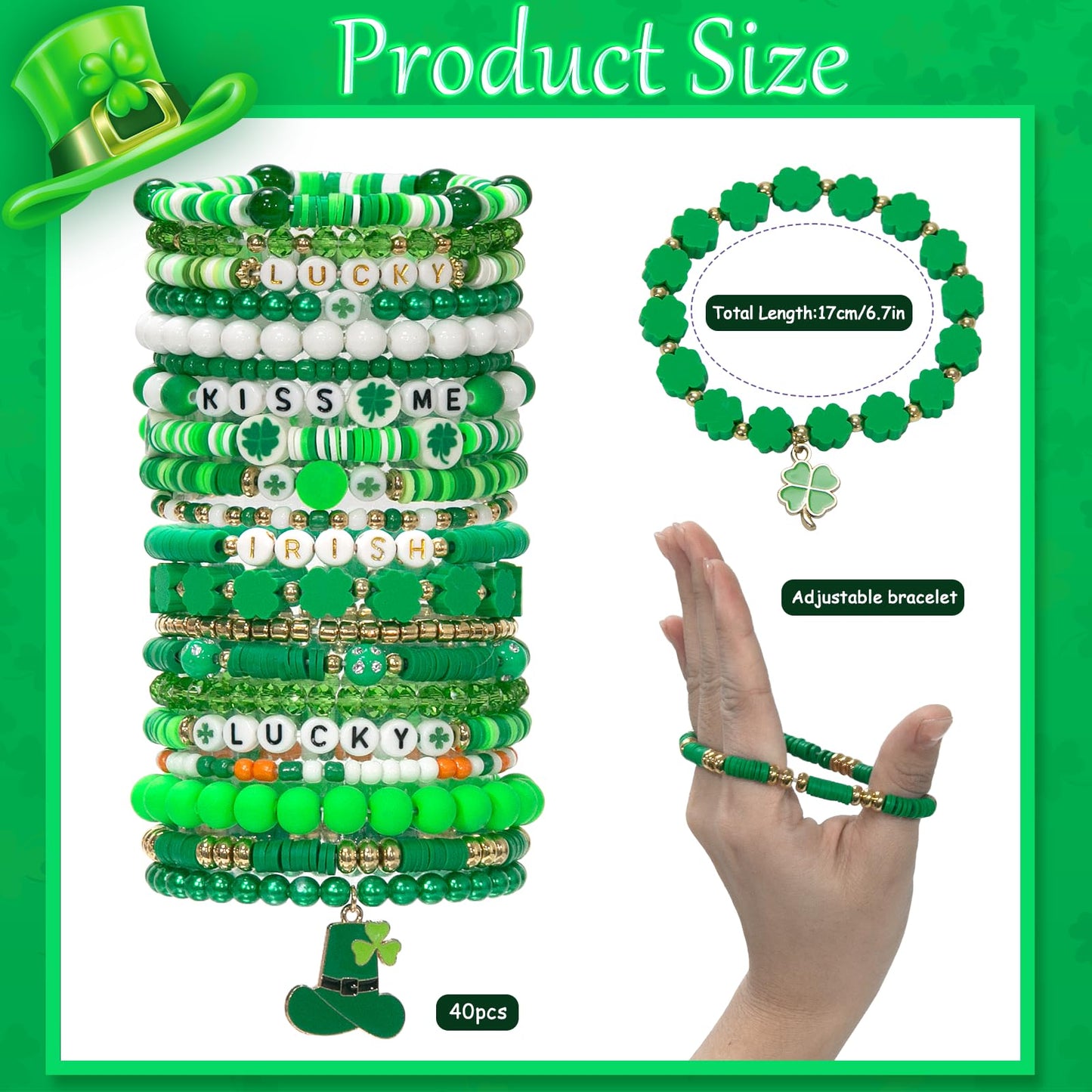40 Pcs St. Patrick's Day Shamrock Bracelets Set Green Irish Clay Stretch Stackable Friendship Bracelet for Women, Party Favors Jewelry Gift Party Supplies