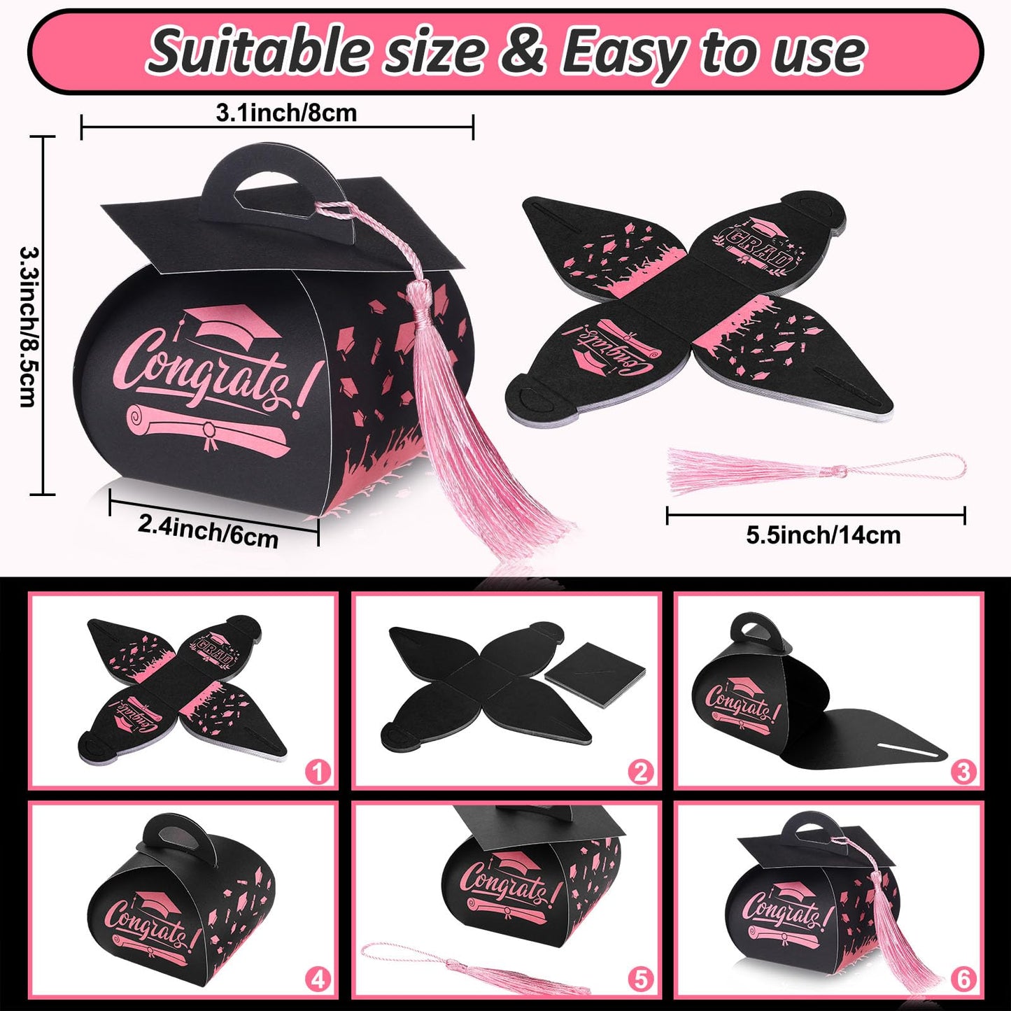 TaoBary 30 Pcs Graduation Cap Gift Boxes Graduation Decorations Class of 2026 Candy Box with Tassel for 2026 Grad Party Favors Supplies(Black, Pink)