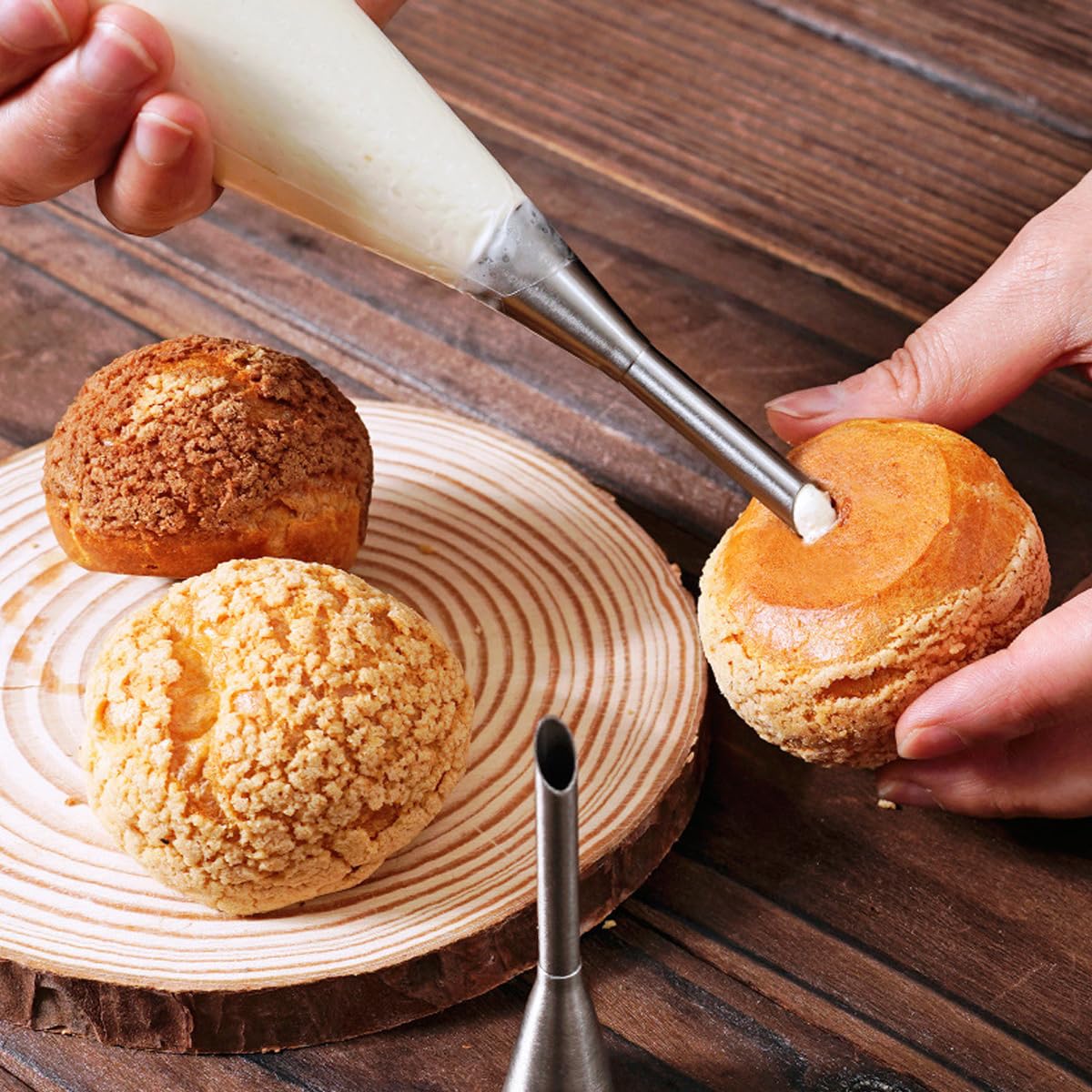 6 PCS Cream Icing Piping Nozzle Tip Stainless Steel Long Cream Puff Piping Tips Cake Decorating Tools Multipurpose Pastry Piping for Small Pastries Puffs Cupcakes Filling Donuts Other Pastries
