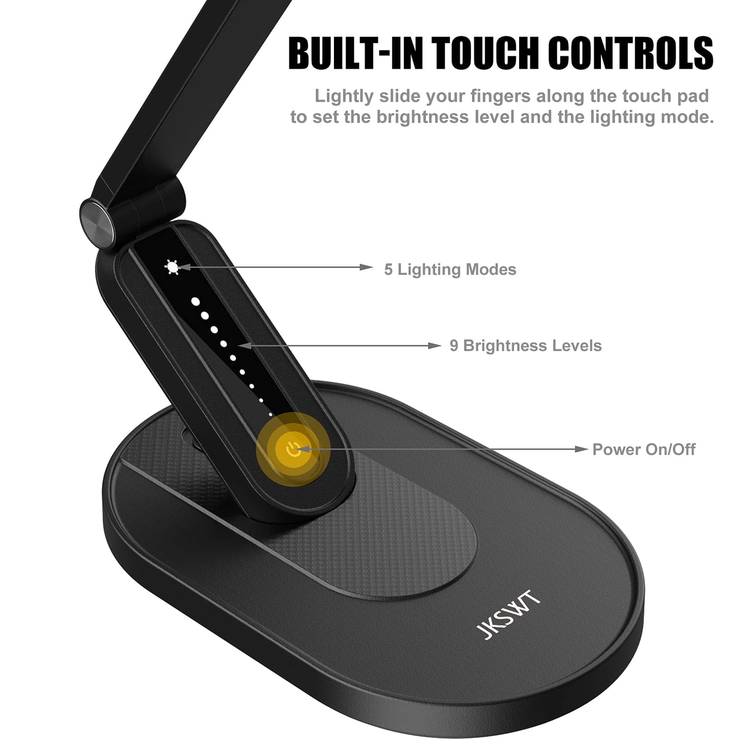 JKSWT LED Desk Lamp, Eye-Caring Table Lamps Natural Light Protects Eyes Dimmable Office Lamp with 5 Color Modes USB Charging Port Touch Control and Memory Function, 10W Reading Lamp,Black