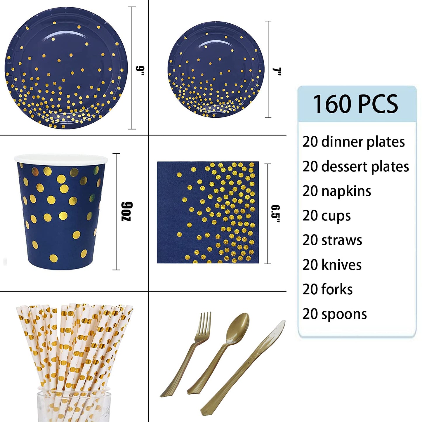 160PCS Disposable Cutlery Set for 20 Guests Blue and Gold Party Cutlery Set Includes Dinner Plate Salad Plate Napkin Cup Knife Fork Spoon for Birthday Party Wedding