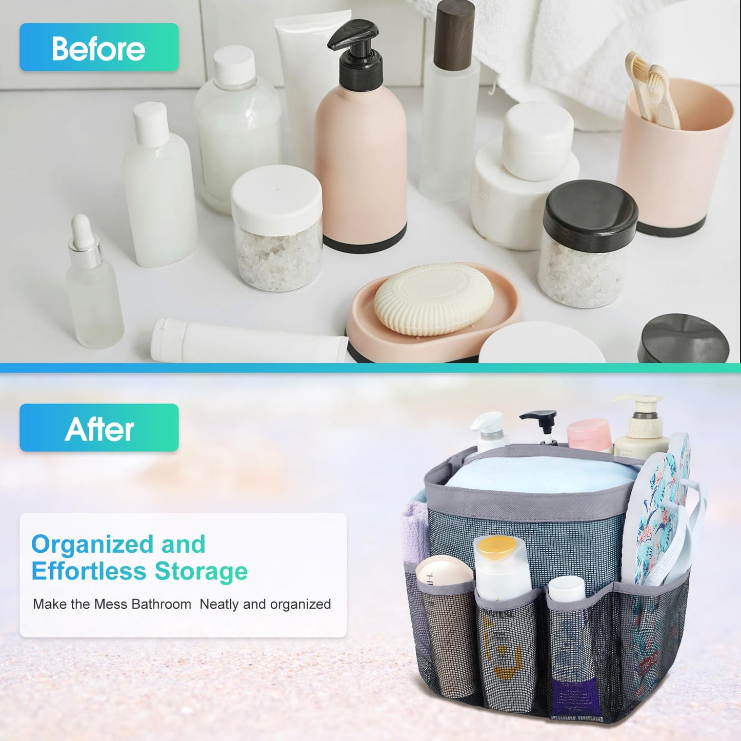 Mesh Shower Caddy Portable for College Dorm Room Essentials with 8 Pockets, Hanging Shower Caddy Dorm Basket, Quick Dry Shower Bag for Bathroom