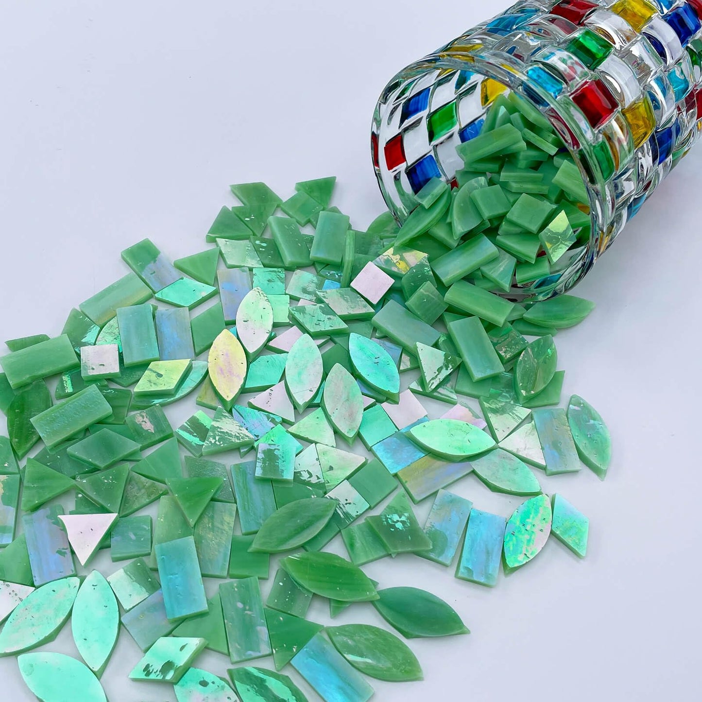 LITMIND Iridescent LightGreen Stained Glass Mosaic Tiles for Crafts - 240 Pieces, 5 Shapes Mixed (Rectangle, Triangle, Rhombus, Square, Leaf) - Ideal for Mosaic Making Projects and Beginners