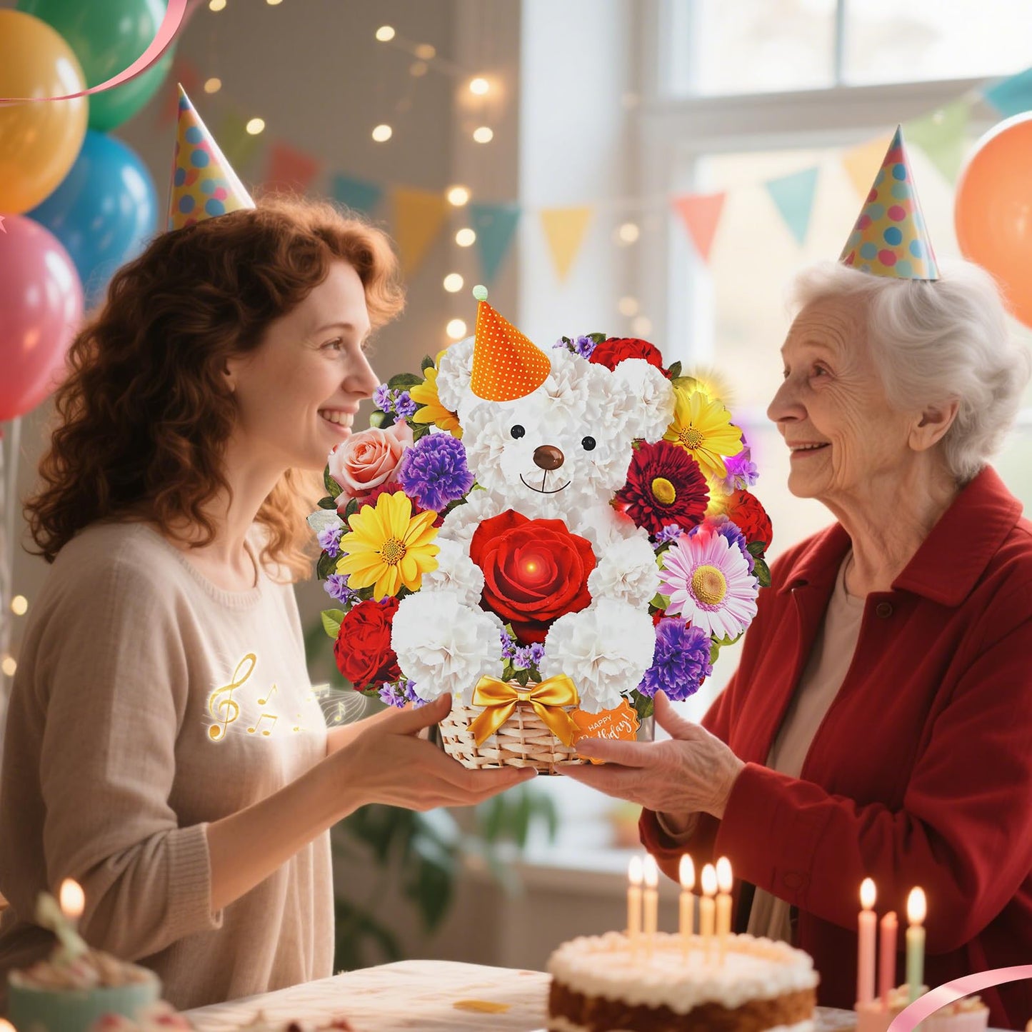 MZD8391 Birthday Cards with MUSIC & LIGHTS, Happy Birthday Card, Bear & Daisy, 10 Inch Life Sized Forever Flower Bouquet 3D Pop Up Greeting Card for Wife Mom Daughter Grandma Women