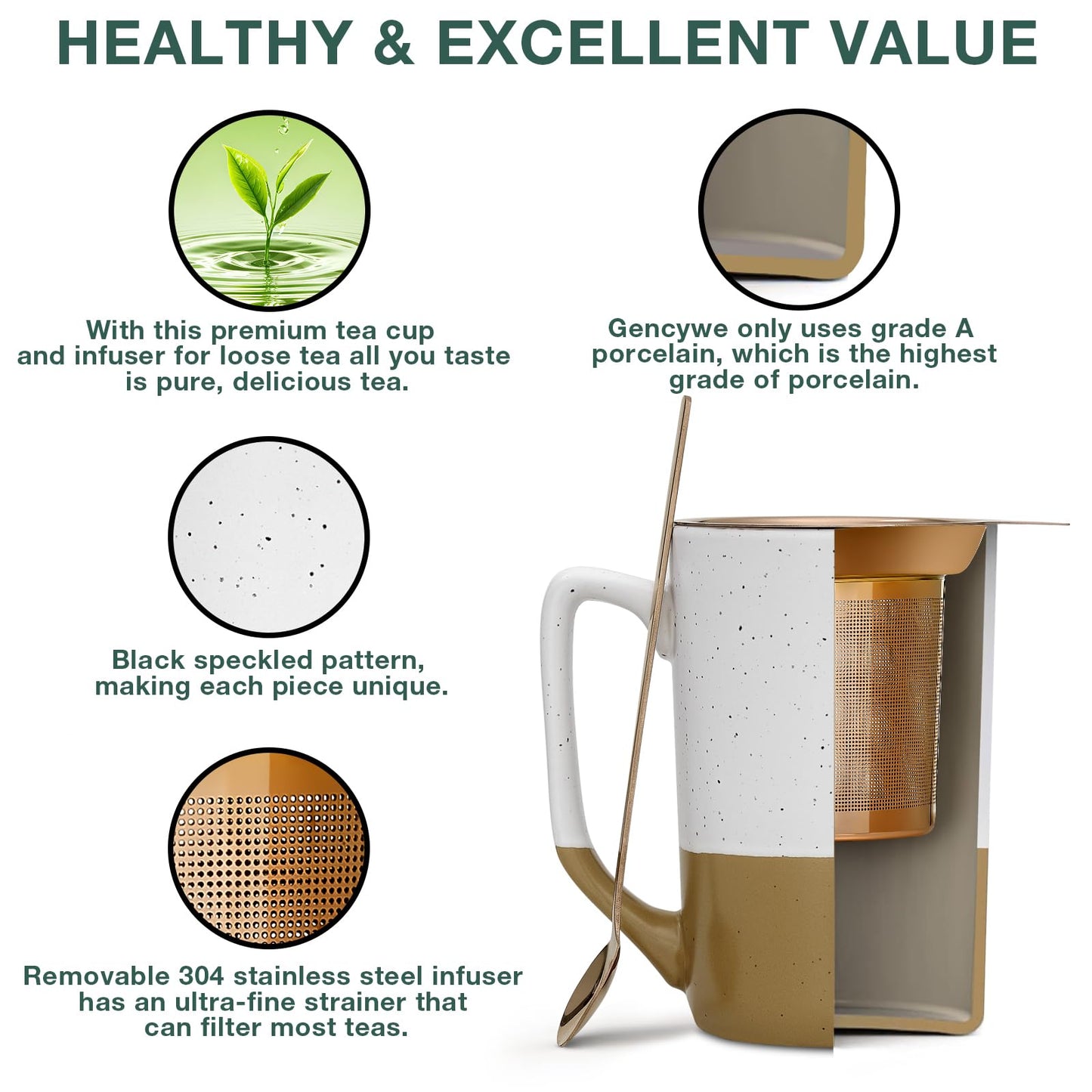 Ceramics Large Tea Cup with Loose Leaf Infuser, Spoon and Lid, 16 oz Tall Coffee Mug, Microwave and Dishwasher Safe, Rustic Matte Ceramic Glaze, Tea Strainer, Amber
