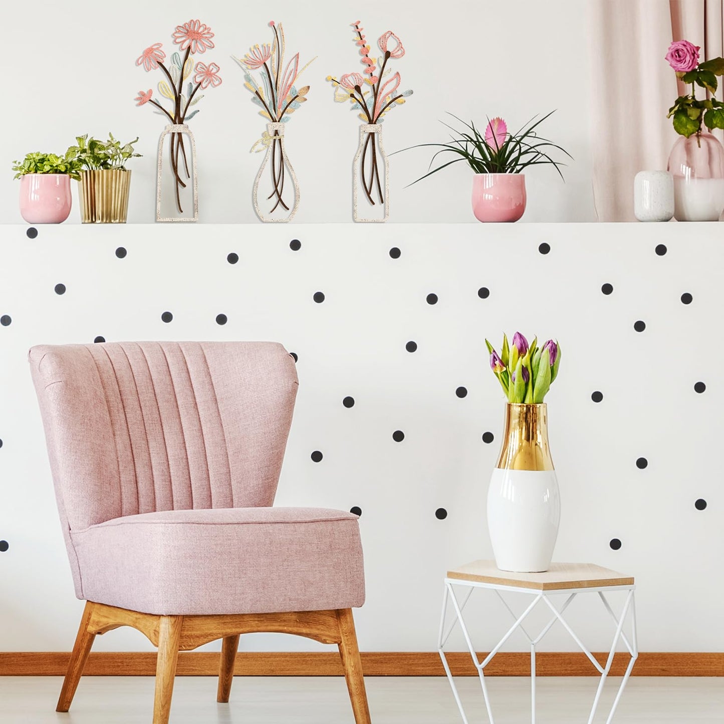 3 Pieces Metal Flowers Wall Arts - Rustic Farmhouse Style Décor Metal Wall Art Black Minimalist Flower Natural Themed Wall Decors for Home Bedroom Dining Room Housewarming (Pink Beige)