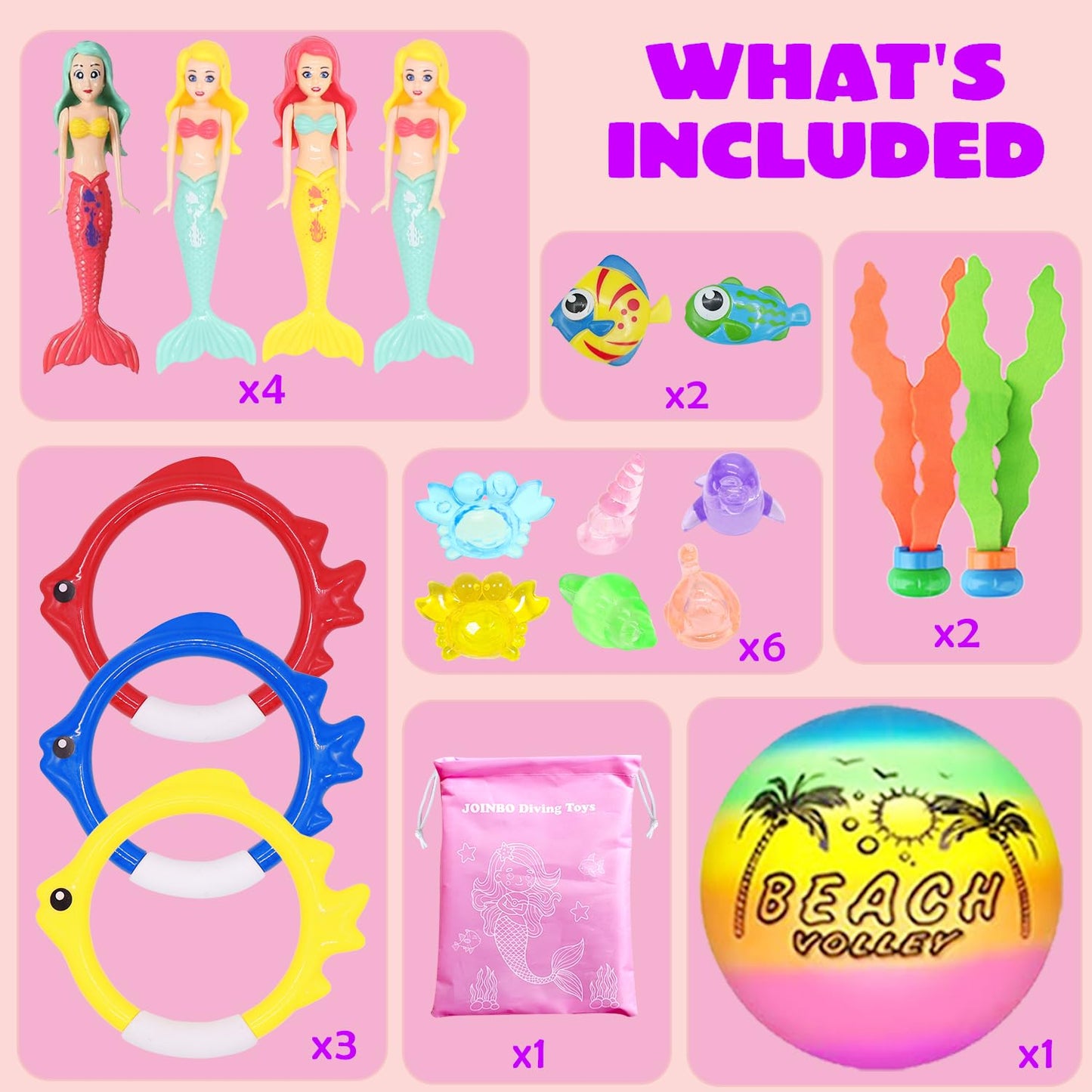 JOINBO 18 Pcs Diving Pool Toys for Kids Ages 3-12 Set with Storage Bag,Pool Games Summer Swim Water Sinking Mermaid Toys