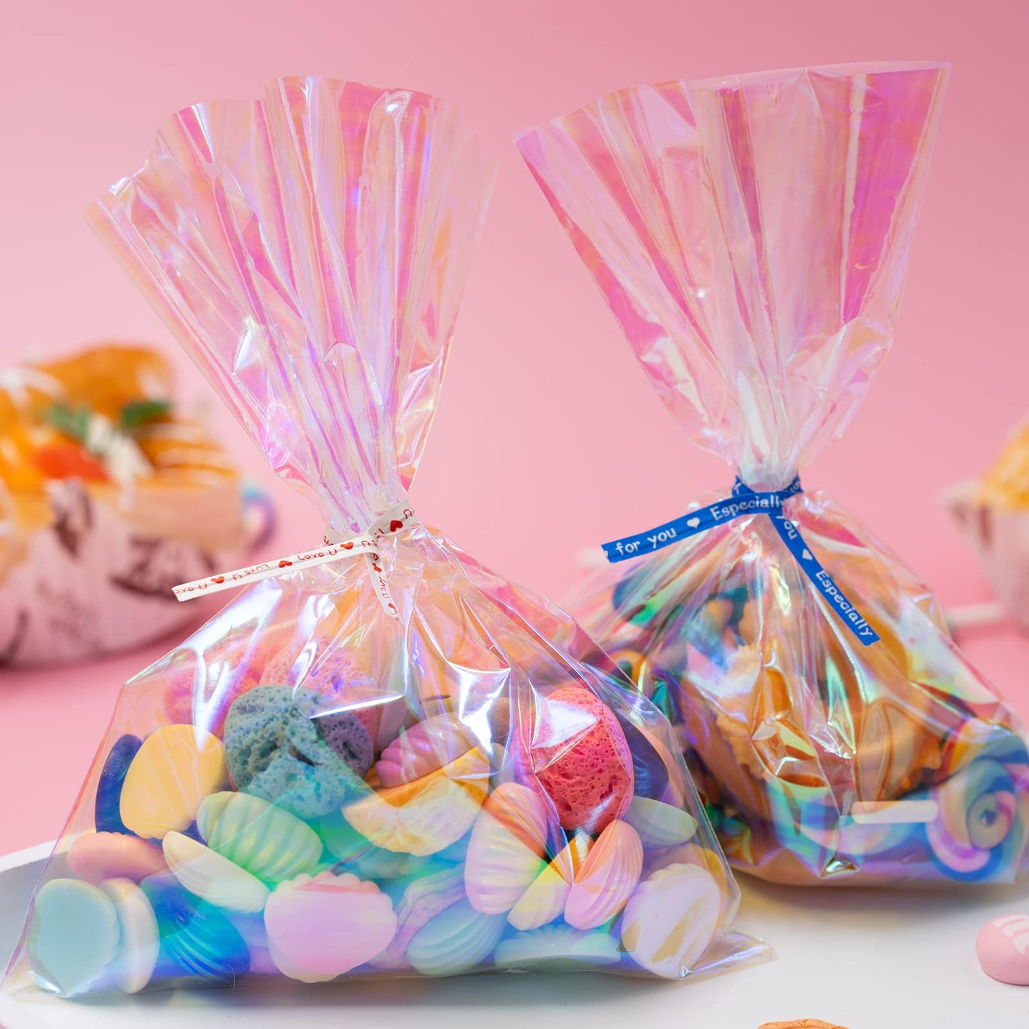 Ctoiotc Easter Cellophane Treat Bags,5x7 Inch Iridescent Holographic Candy Goodie Bags with 5 Colors Pieces Twist Ties for Birthday Party Favors, Easter, Weddings, Christmas, Valentines