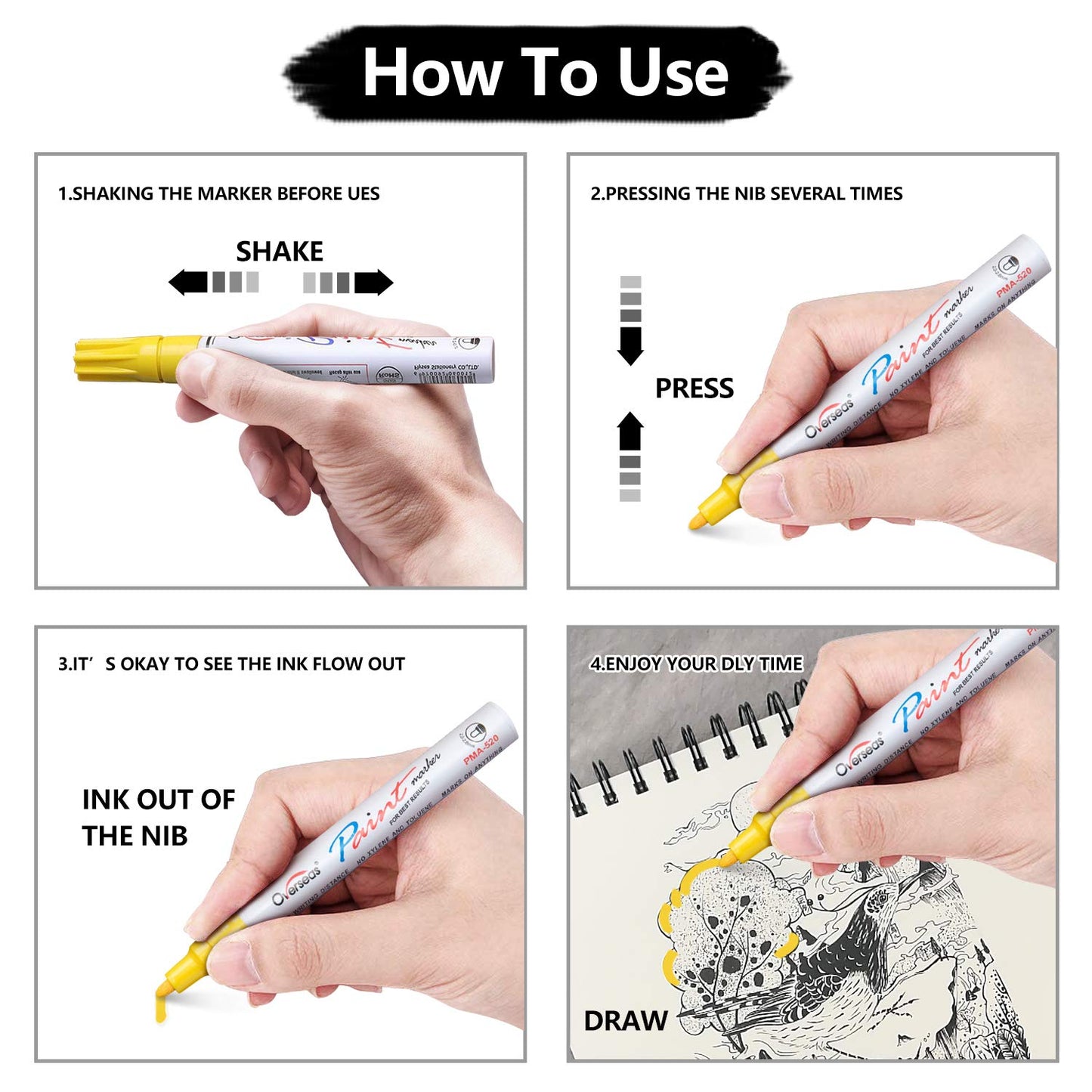 Black Paint Markers Pens - Single color 6 Pack Permanent Oil Based Paint Pen, Medium Tip, Quick Dry and Waterproof Marker for Rock, Wood, Fabric, Plastic, Canvas, Glass, Mugs, Canvas, Glass