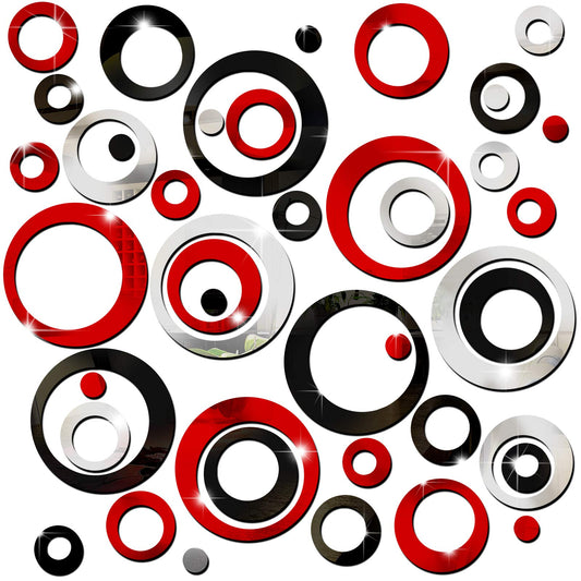 Outus 72 Pieces Wall Stickers Acrylic Circle Mirror Removable Round Dots Mirror Wall Decoration Wall Decals Murals for Home Living Room Bedroom Decor(Silver, Red, Black)
