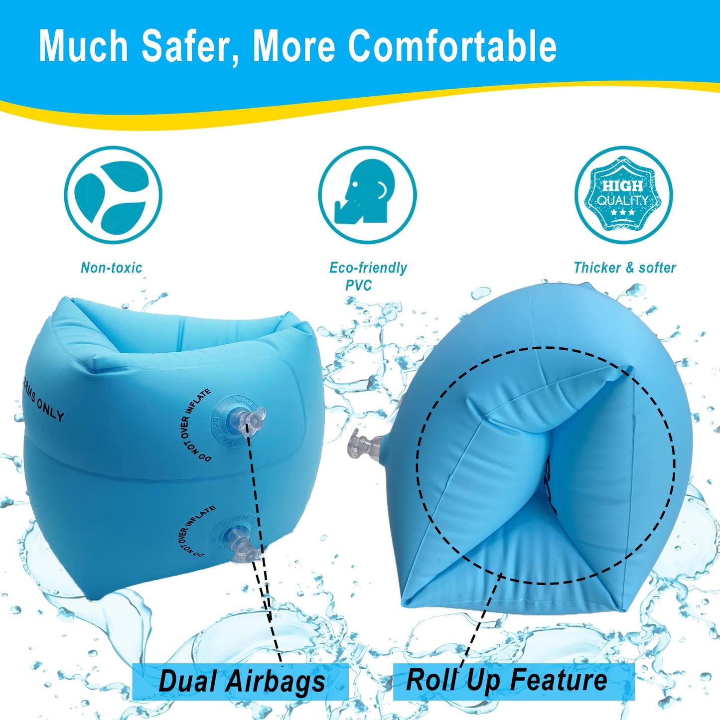 Inflatable Arm Floaties for Toddlers, Blow up Water Wings for Kids, Blue Swimming Arm Bands Floatation for Children and Adults 30-150LBS