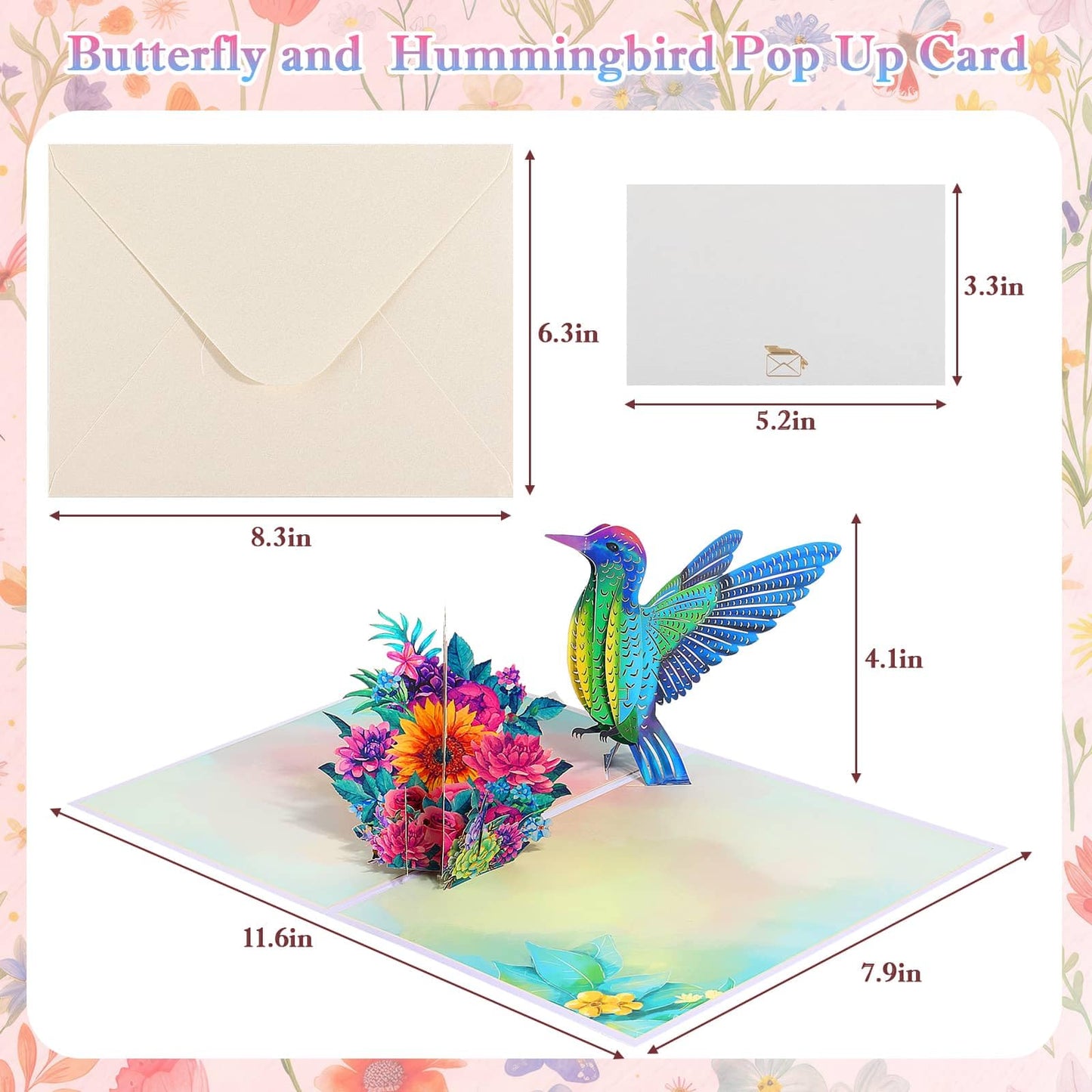 Tidponra 4 Pack Butterfly Flower Pop Up Cards, Hummingbird Birthday Card 3D Greeting Cards for Mother's Day, Graduation, Anniversary, Thinking of You, Get Well, Home Decor, with Envelope and Note