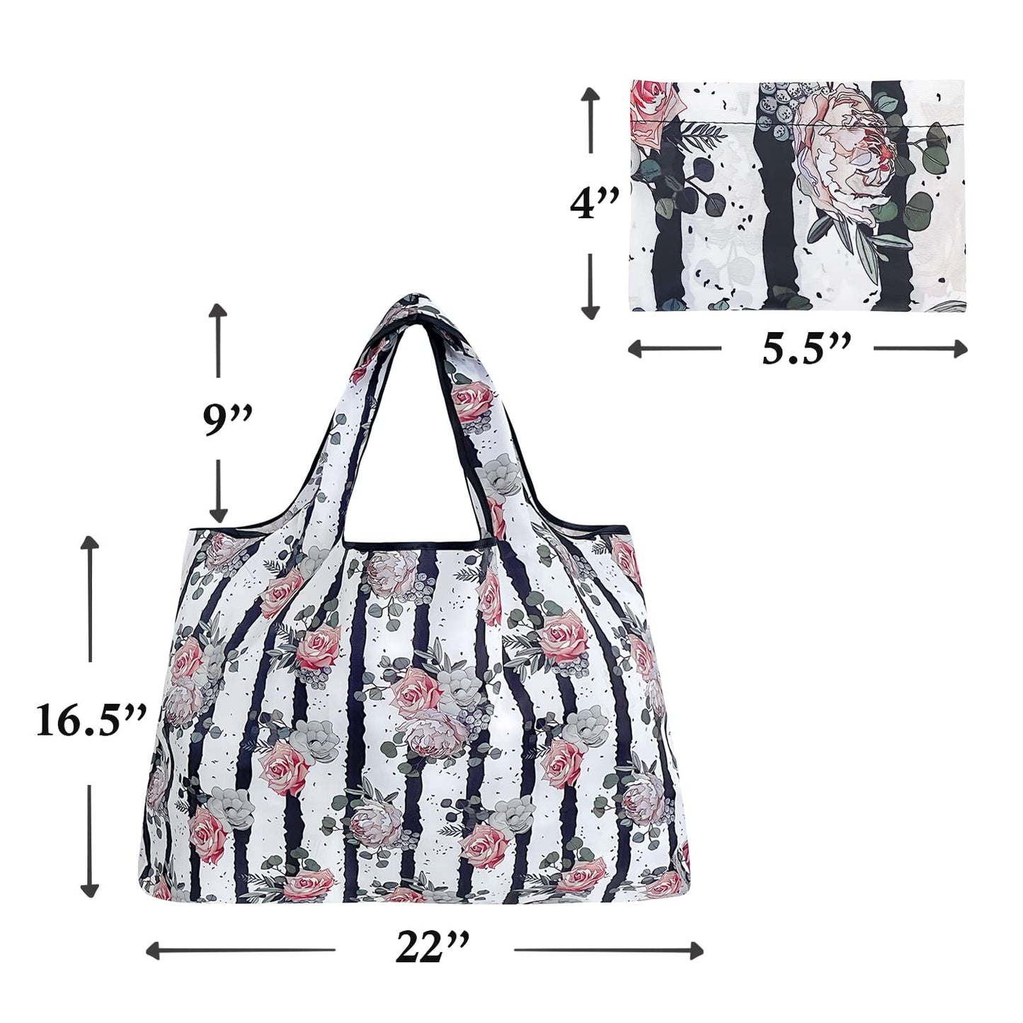 allydrew Large Foldable Tote Nylon Reusable Grocery Bags, Rose & Stripes