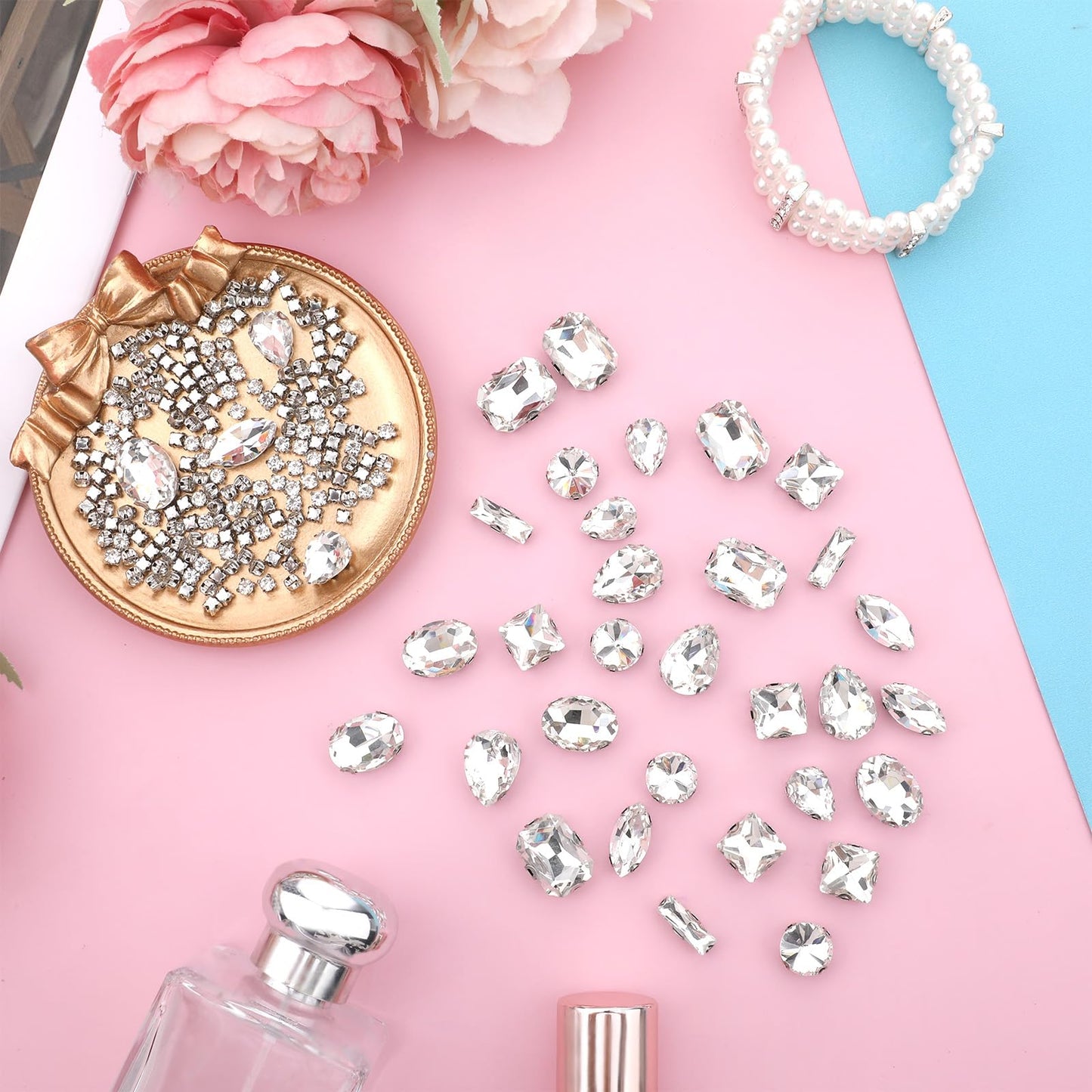 JJUNW 240 PCS Sew on Rhinestones Mixed Shapes Glass Rhinestones Sew on Crystal Gems Mental Flatback wif Silver Claw for Jewelry Crafts Clothes Shoes Costume Garment(White)