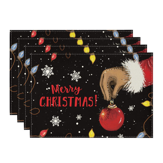 Xmas Ball Merry Christmas Placemats Set of 4, 12x18 Inch Seasonal Winter Holiday Black Table Mats for Party Kitchen Dining Decoration