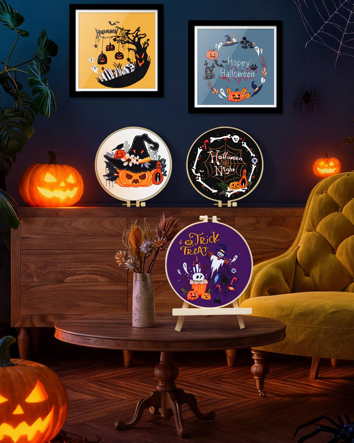 Halloween Embroidery Kit for Adult, 5 Pack Embroidery DIY Starter Kit, with Stamped Patterns, Hoop, Tools, Colorful Threads with Needles, Instructions