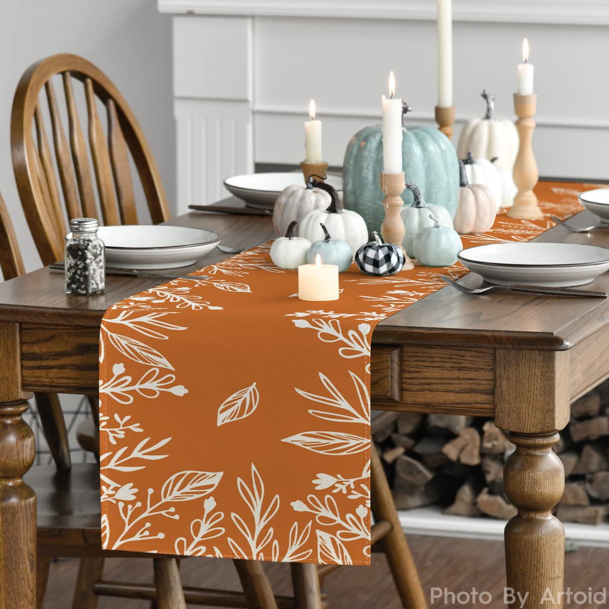 Orange Floral Fall Table Runner, Seasonal Autumn Kitchen Dining Table Decoration for Home Party Decor 13x108 Inch