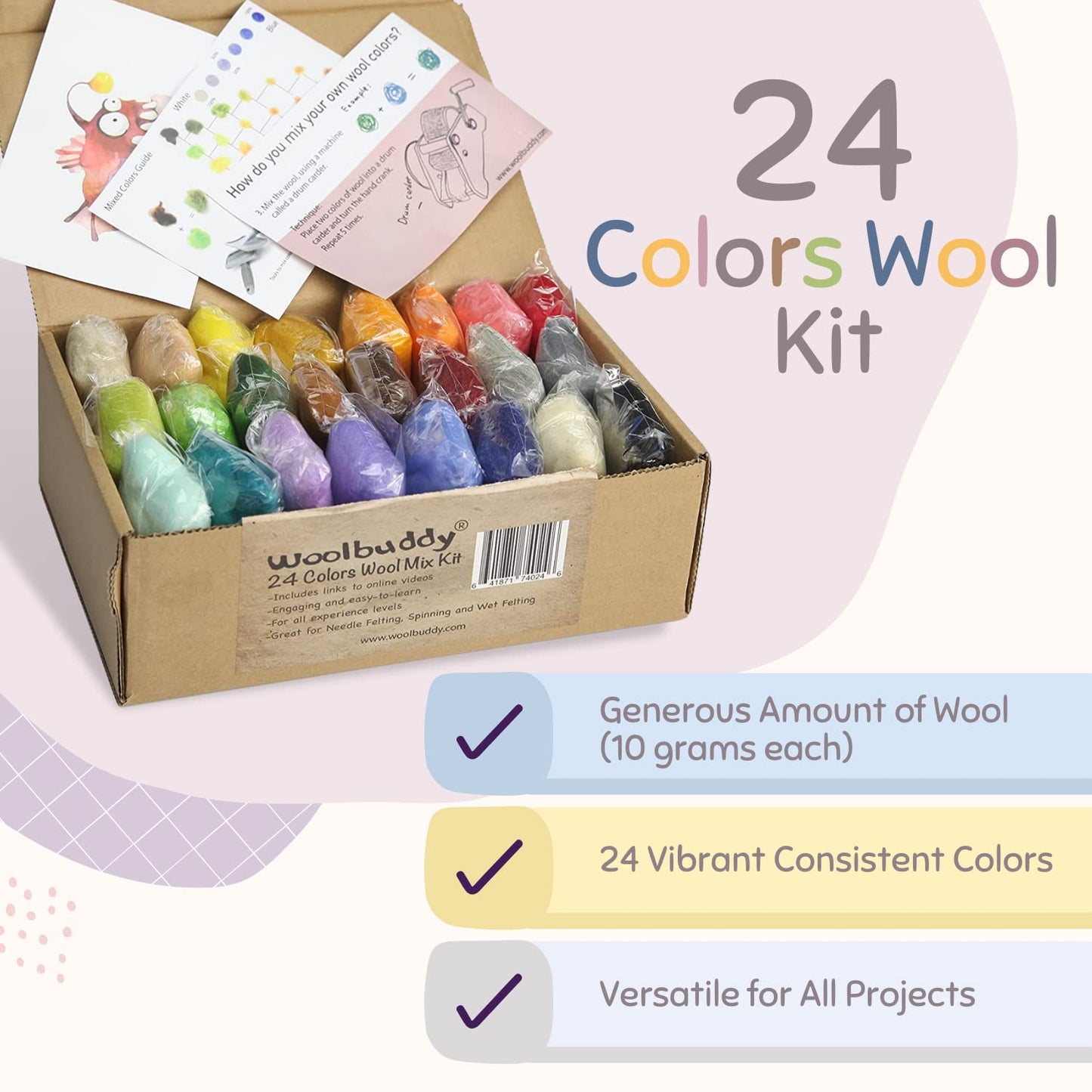 Felting Wool Kit - 24 Vibrant Merino Wool Colors for Needle Felting, Wet Felting, and Crafts