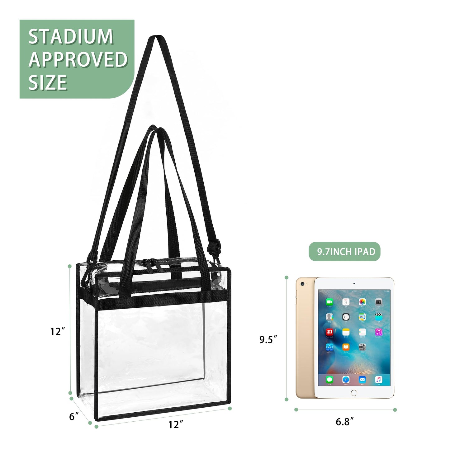BAGAIL Clear bags Stadium Approved Clear Tote Bag with Zipper Closure Crossbody Messenger Shoulder Bag with Adjustable Strap(12 Inch X 12 Inch X 6 Inch,Black)