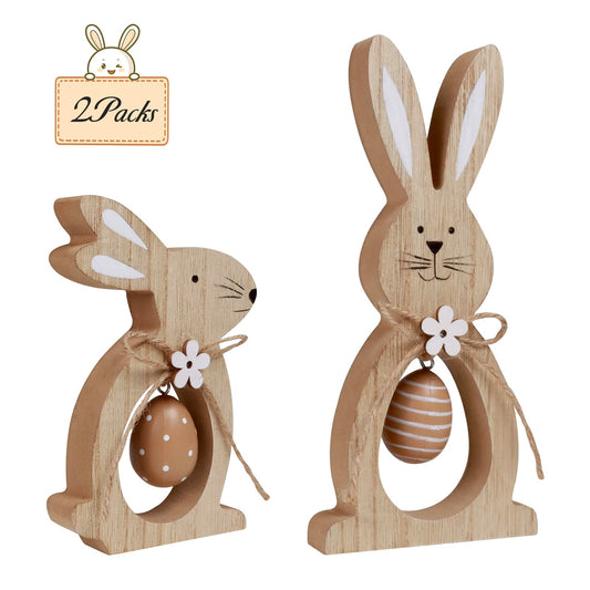 2Pcs Easter Decorations for The Home Farmhouse Rustic Wooden Bunny with Egg Tiered Tray Happy Spring Decoration for Indoor Home Party Tabletop Decoration Easter Gifts for Kids