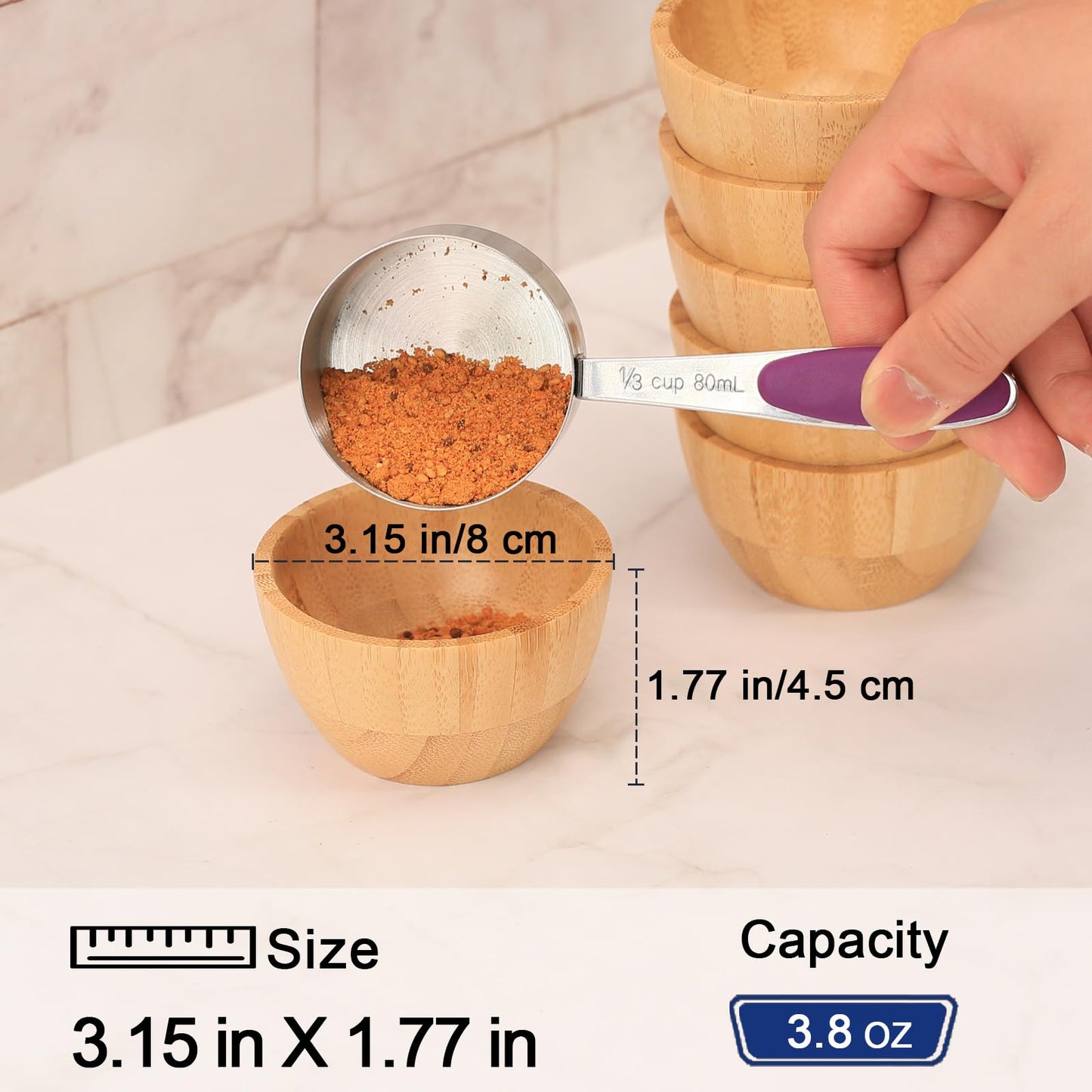 Bamboo Wooden Bowls Set of 6, 3 Inch Small Serving Bowls for Snacks/Appetizers/Side Dishes/Charcuterie Board, Dipping Sauce Bowl for Condiments, 4 oz Bamboo Wood Ramekins, Reusable & Handmade