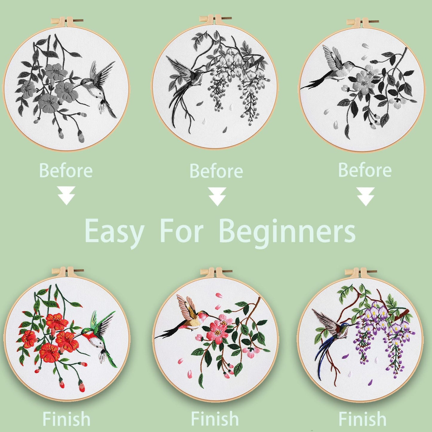 3 Sets Hummingbird Embroidery Kit for Beginners Needlepoint Kits for Adults Cross Stitch Kits with Clear Instructions,Easy Funny Stamped Bird Patterns Fabric Hand Crafts