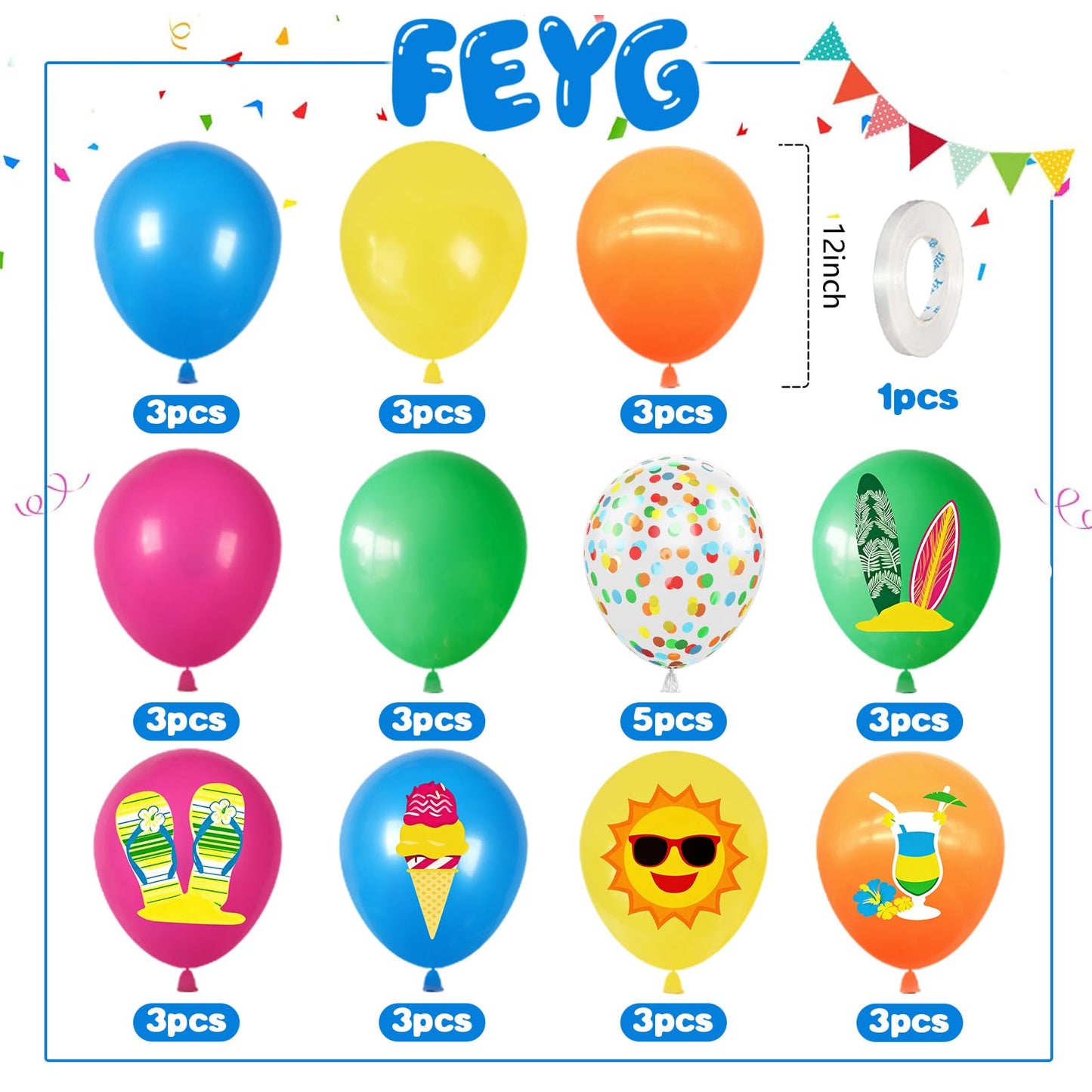 Rainbow Summer Balloons,12 Inch Hot Pink Orange Blue Green Rainbow Beach Printed Balloon with Ribbon,for Summer Beach Birthday Party Decorations