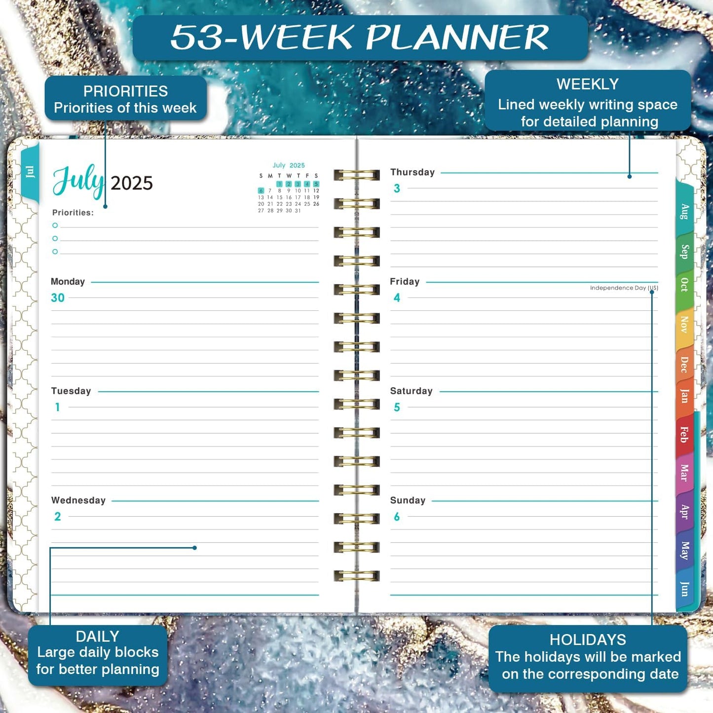 Planner 2025-2026 - 2025-2026 Weekly and Monthly Calendar from July 2025 to June 2026, Academic Planner 2025-2026 with Inner Pocket, Colorful Tabs, 6.4'' x 8.5''