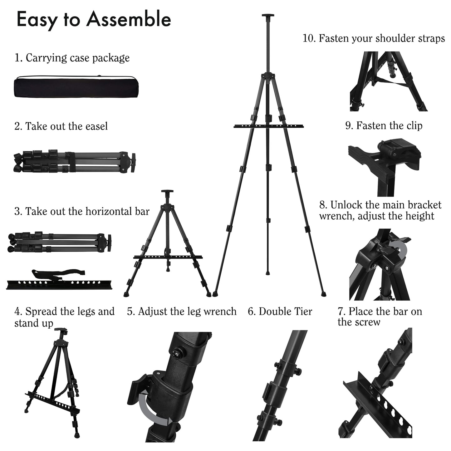 Artify Easel for Painting, Double-Tier Easel Stand, Adjustable Height from 22-66 Inches, Tripod for Painting and Display with Carrying Bag, 66 Inches, Black