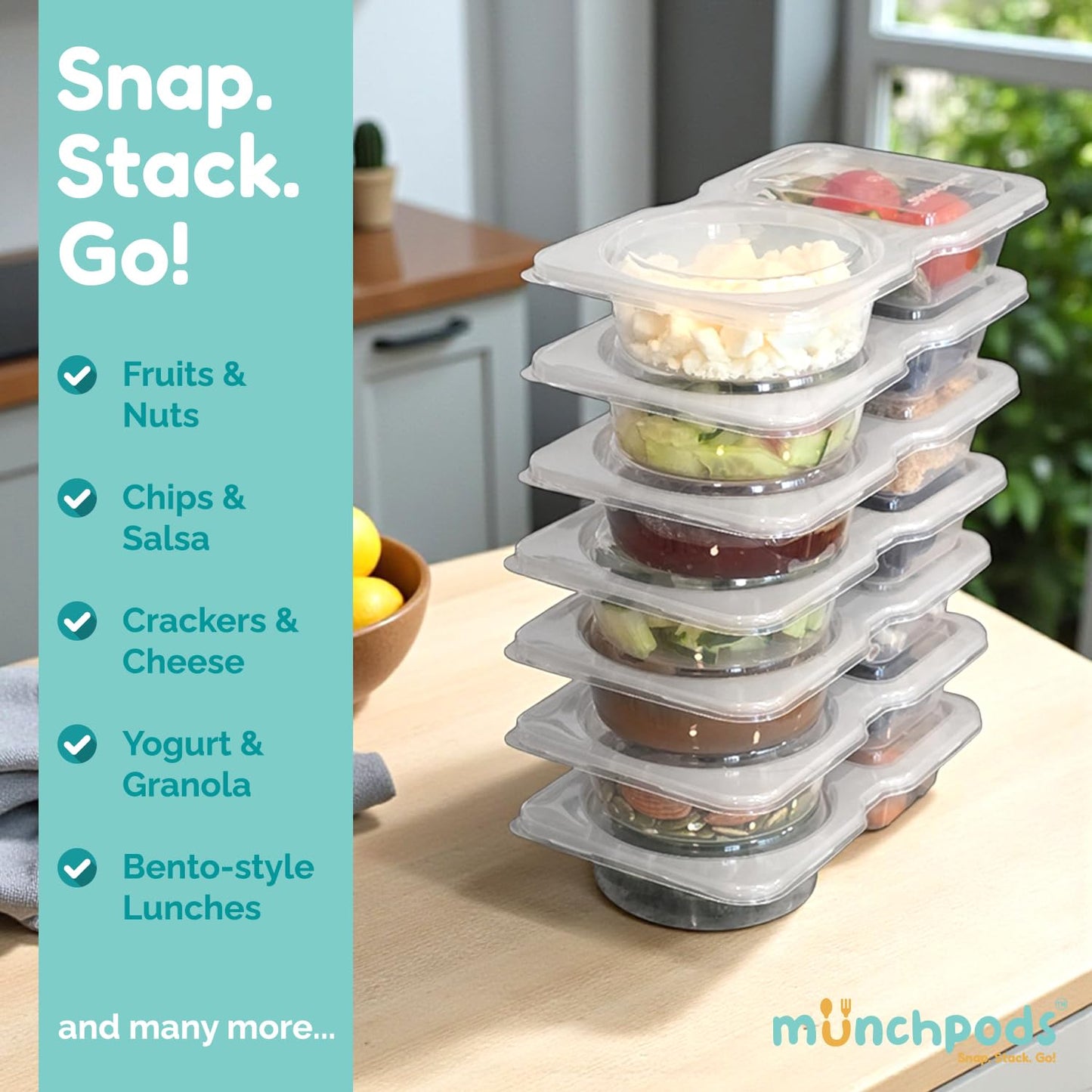Munchpods Reusable Snack Containers with Lids 20 Pack (40 Pieces) Portion control, Snack Pack Containers 2 Double Compartment Snack Containers for Kids On the Go Meals, Camping Snack Tray Prep