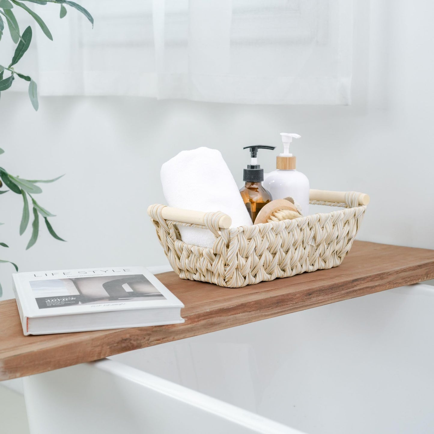 2-Pack Wicker Storage Baskets, Storage Baskets for Shelves, Trapezoid Wicker Baskets with Handles, Waterproof Woven Basket, Storage Baskets for Shelves, Butter Milk